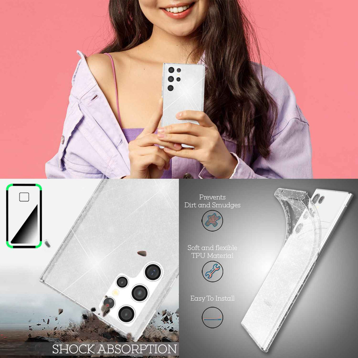 NALIA Klare Glitzerhülle für Samsung Galaxy S22 Ultra, Durchsichtig