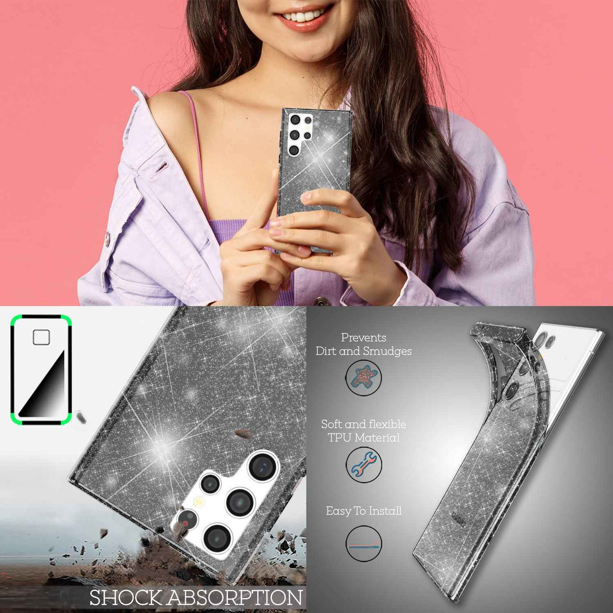 NALIA Klare Glitzerhülle für Samsung Galaxy S22 Ultra, Durchsichtig