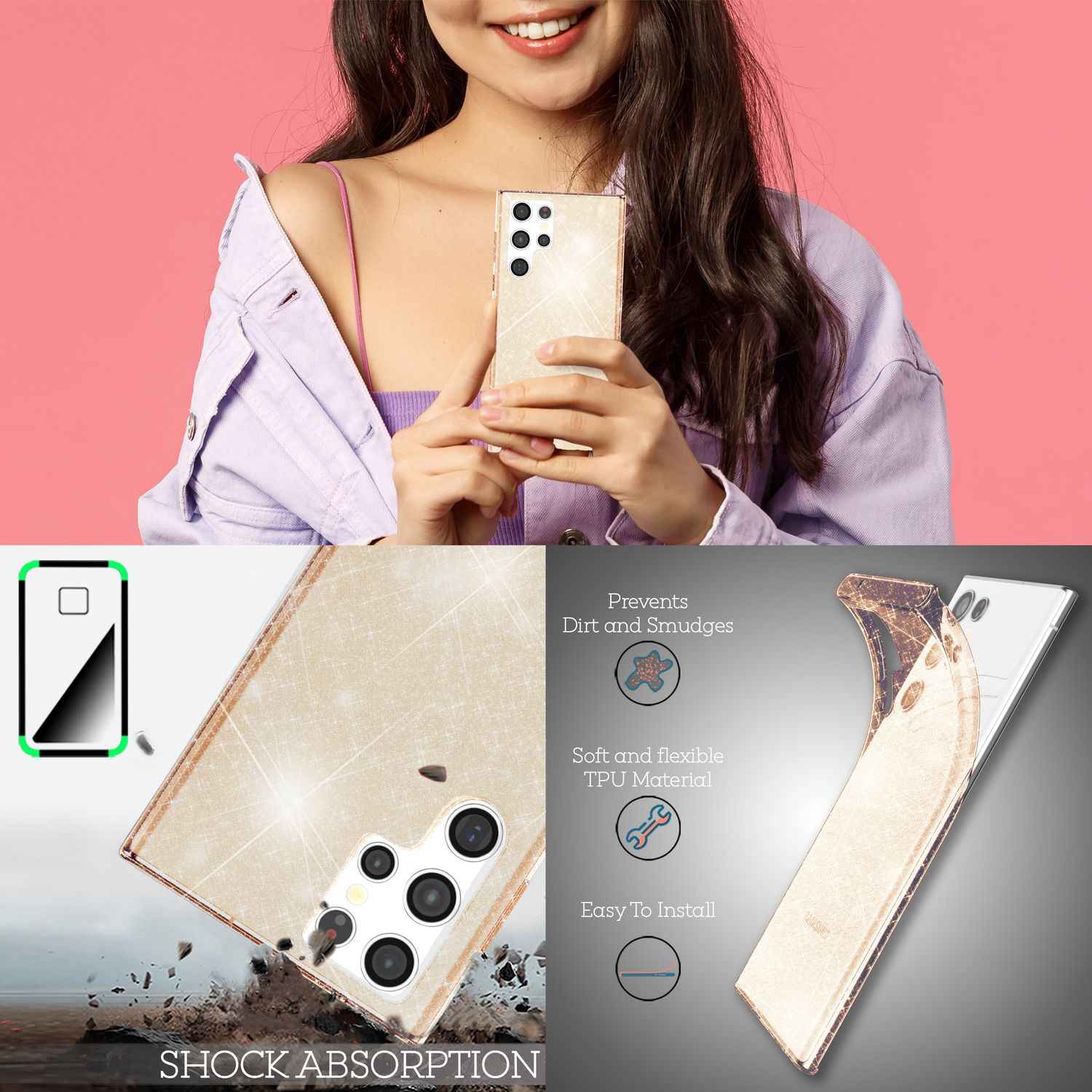 NALIA Klare Glitzerhülle für Samsung Galaxy S22 Ultra, Durchsichtig