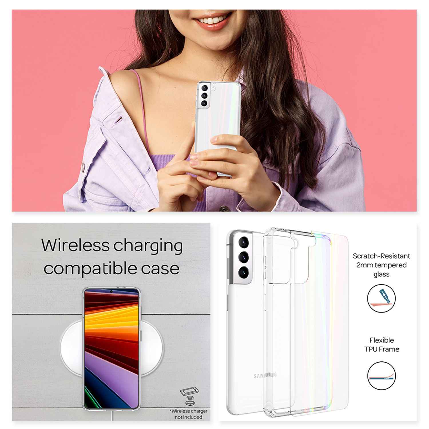 NALIA Klares Hartglas Case für Samsung Galaxy S22, Regenbogen Effekt Transparent Anti-Gelb Kratzfest Tempered Glass & Silikon Bumper, Handyhülle Schutzhülle