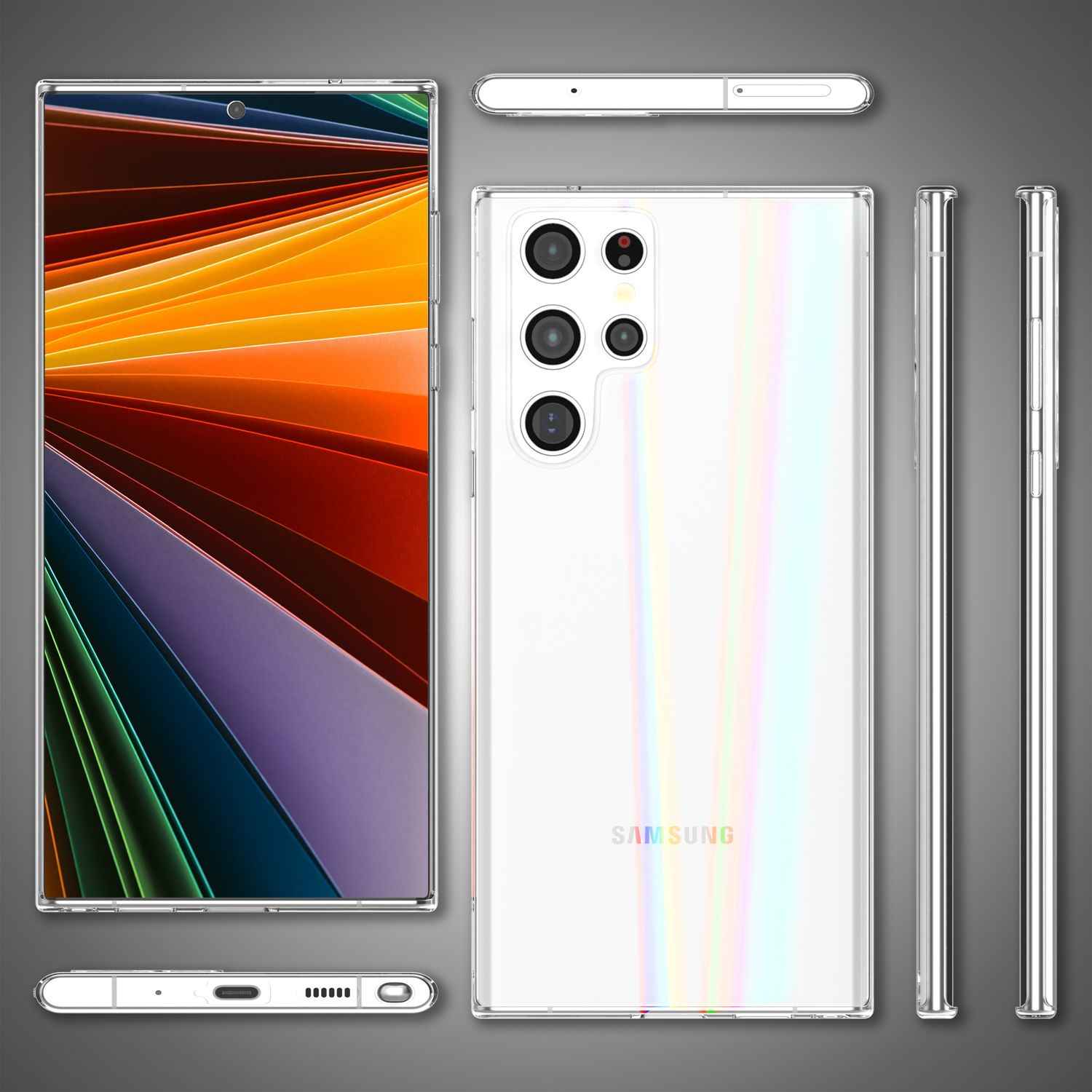NALIA Klares Hartglas Case für Samsung Galaxy S22 Ultra, Regenbogen Effekt Transparent Anti-Gelb Tempered Glass & Silikon, Handyhülle Schutzhülle