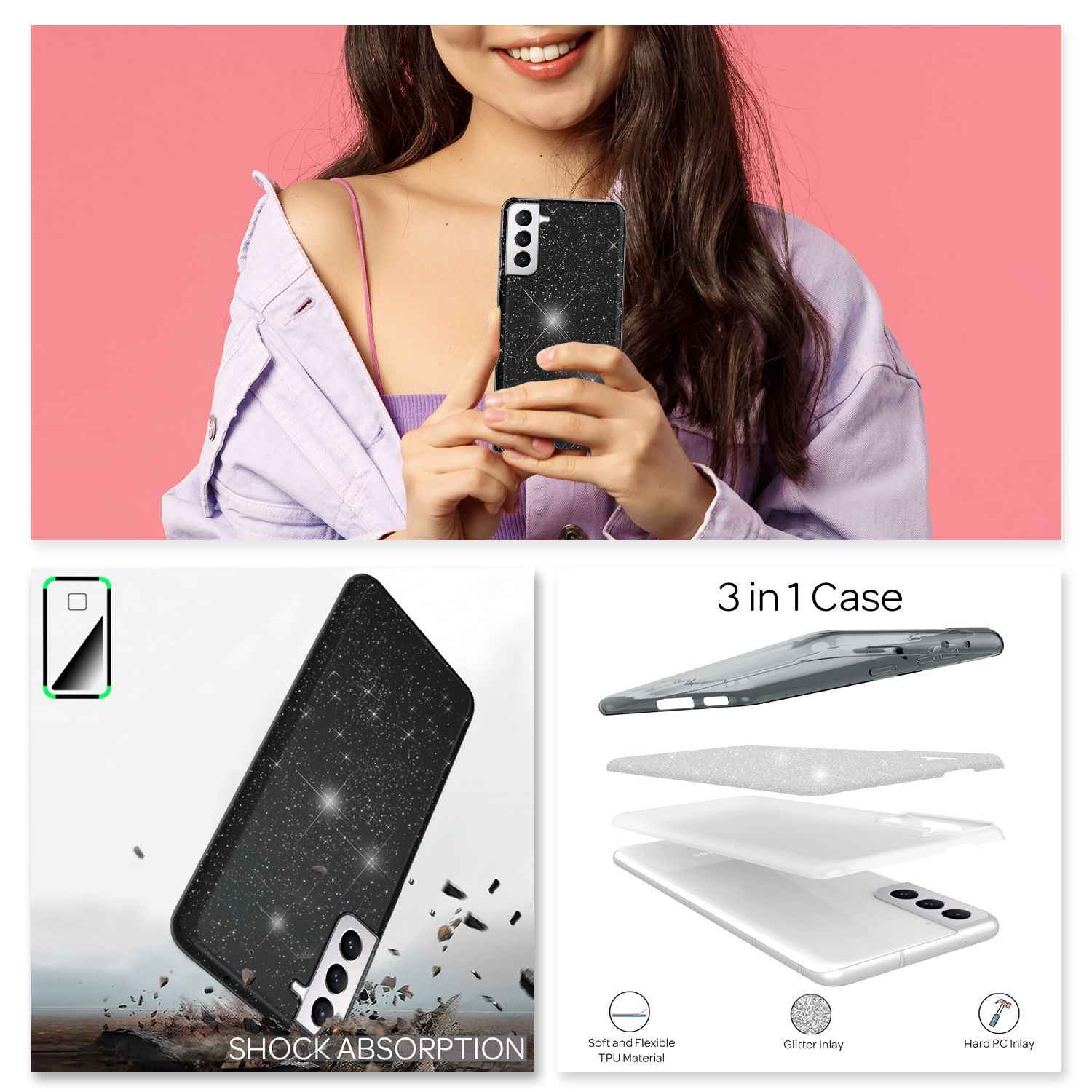 NALIA Robuste Glitzerhülle für Samsung Galaxy S22, Glänzende Glitzer Hybrid Schutzhülle Verstärkte Silikon Handyhülle