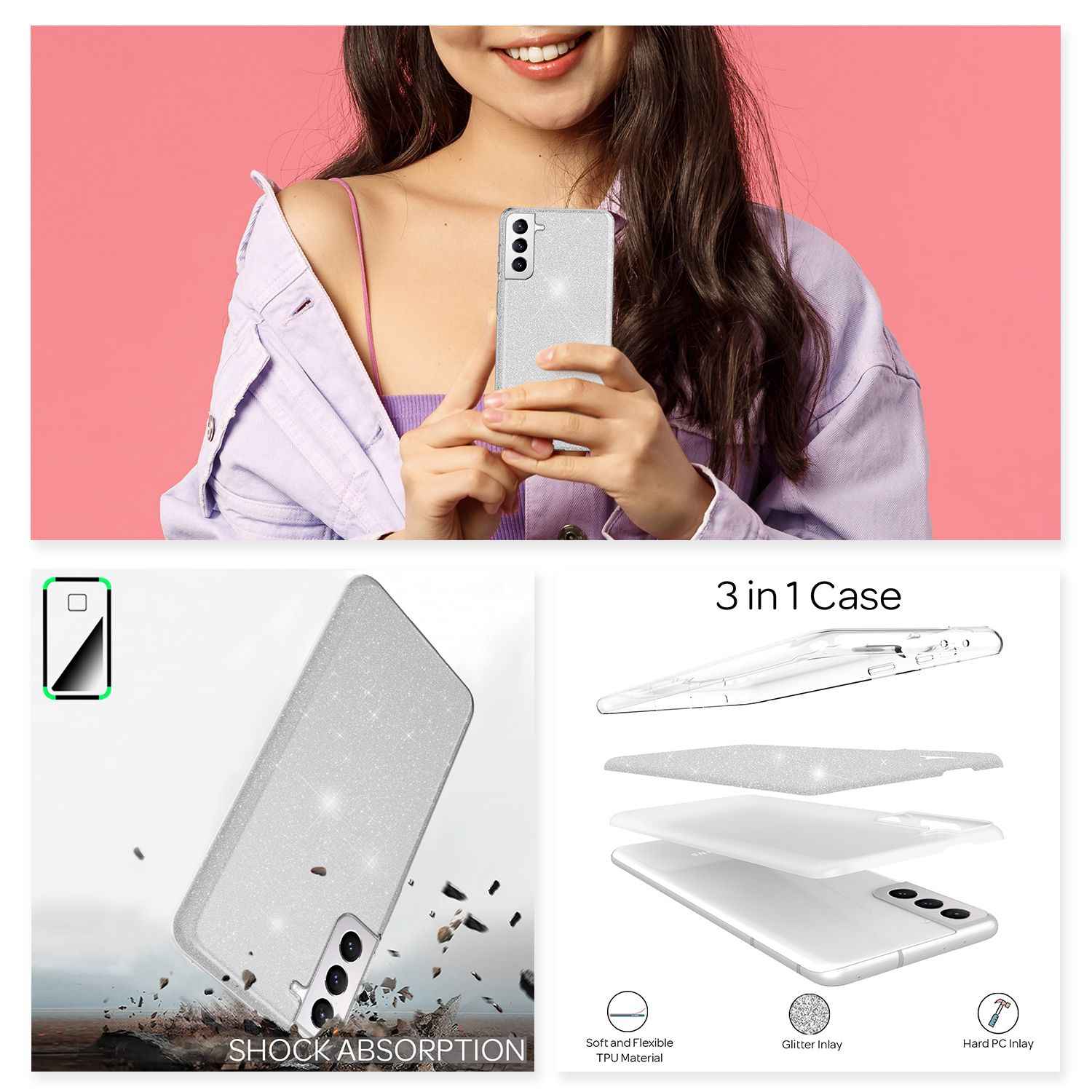 NALIA Robuste Glitzerhülle für Samsung Galaxy S22, Glänzende Glitzer Hybrid Schutzhülle Verstärkte Silikon Handyhülle