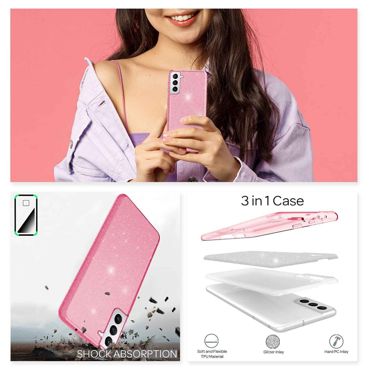 NALIA Robuste Glitzerhülle für Samsung Galaxy S22 Plus, Glänzende Glitzer Hybrid Schutzhülle Verstärkte Silikonhülle