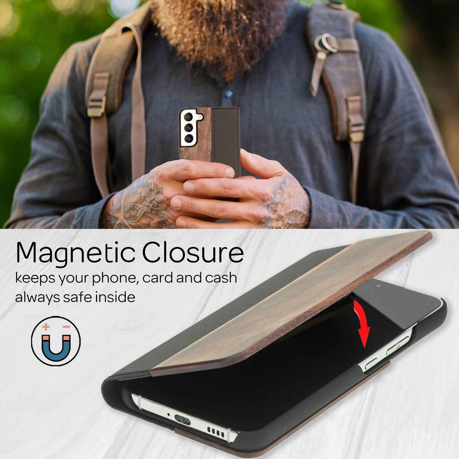 NALIA Echt-Holz Flipcase für Samsung Galaxy S22 Plus, Natur Holzhülle mit Standfunktion & Kartenfach - Walnuss