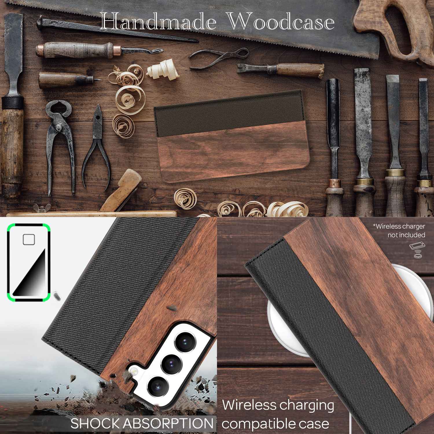 NALIA Echt-Holz Flipcase für Samsung Galaxy S22 Plus, Natur Holzhülle mit Standfunktion & Kartenfach - Walnuss