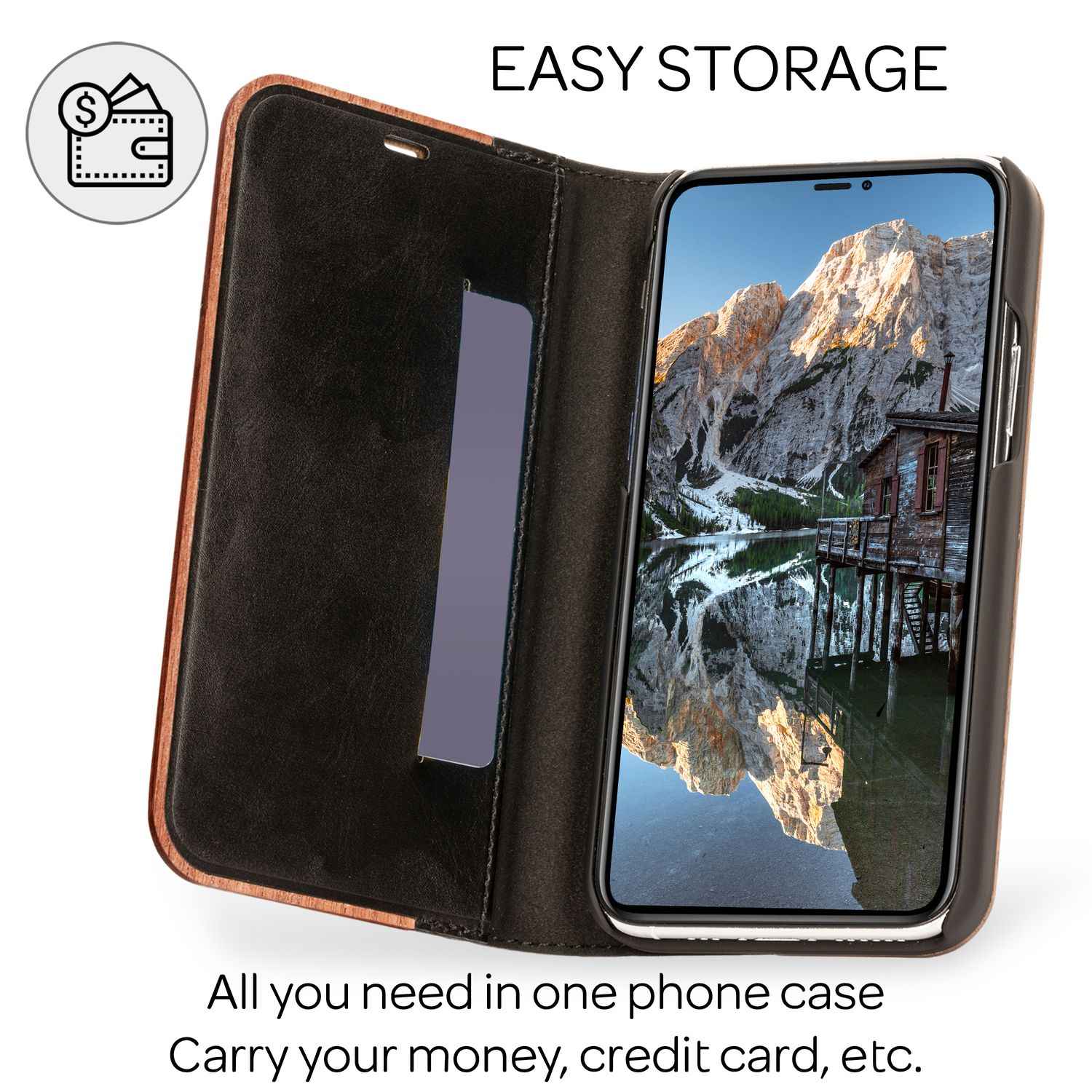 NALIA Echt-Holz Flipcase für iPhone 13 Pro Max, Natur Holzhülle mit Standfunktion & Kartenfach, Wood Case - Walnuss