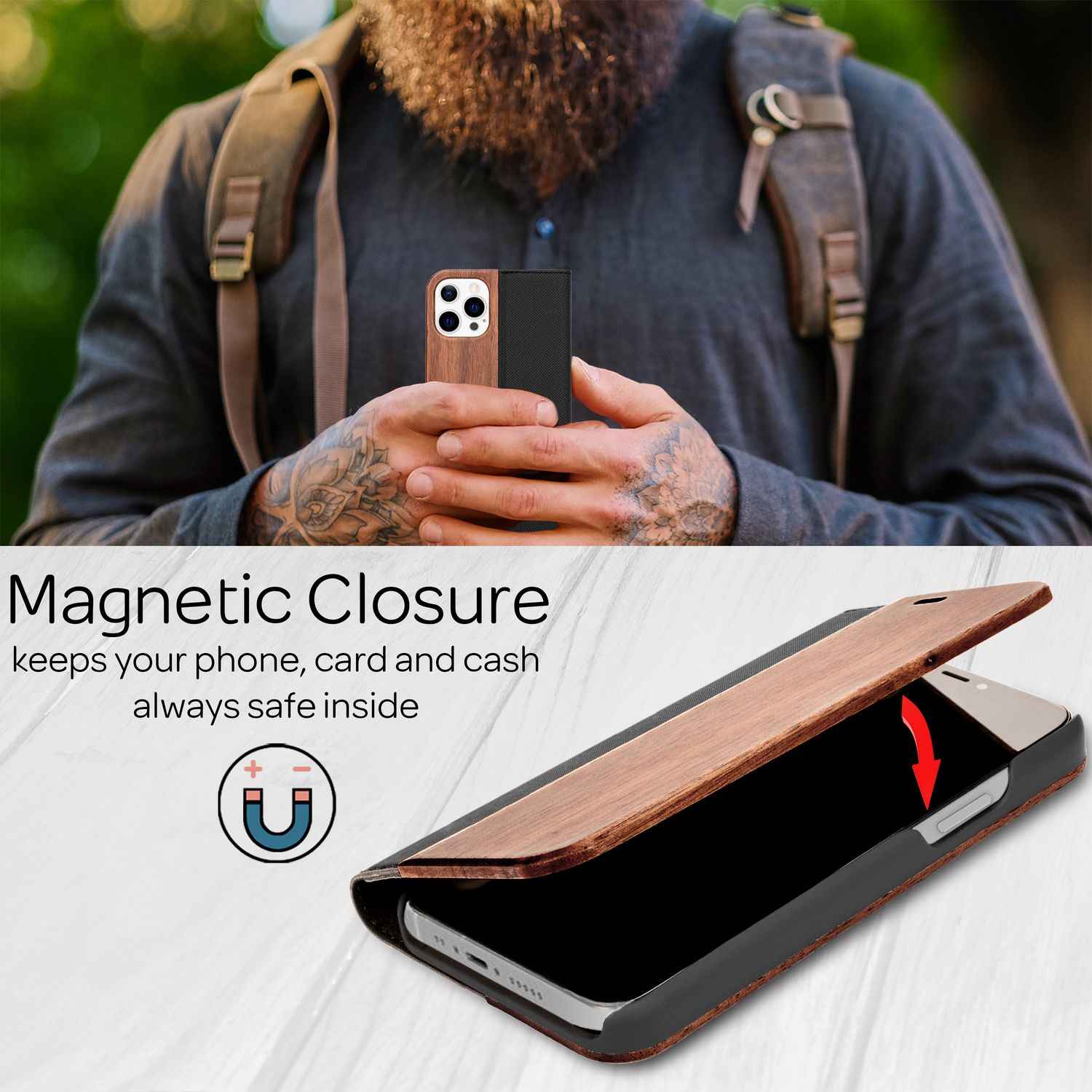 NALIA Echt-Holz Flipcase für iPhone 13 Pro Max, Natur Holzhülle mit Standfunktion & Kartenfach, Wood Case - Walnuss