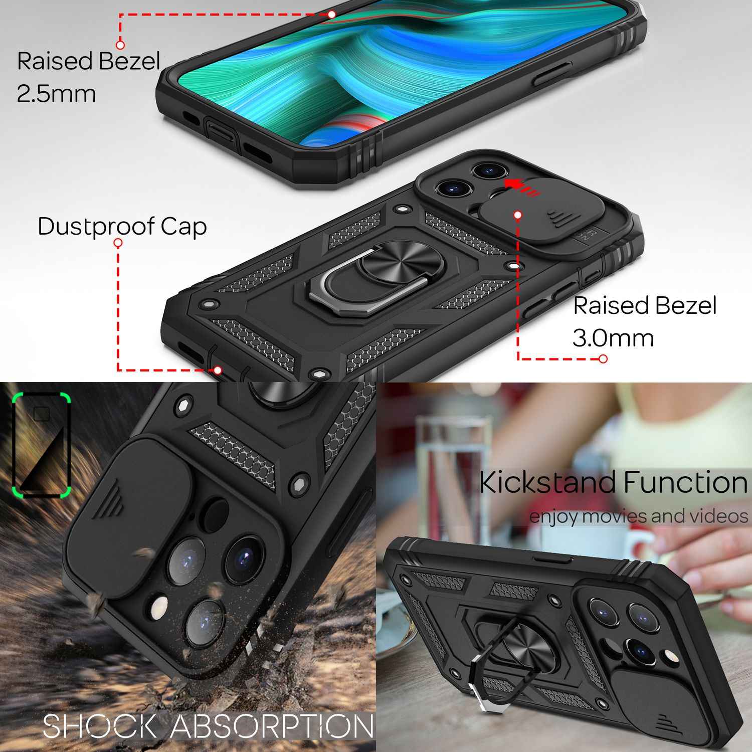 NALIA Military-Style Ringhülle für iPhone 13 Pro, Extrem Schützend mit Display-Rahmen & Kamera-Abdeckung, 360° Ring für Standfunktion & KFZ-Halterung