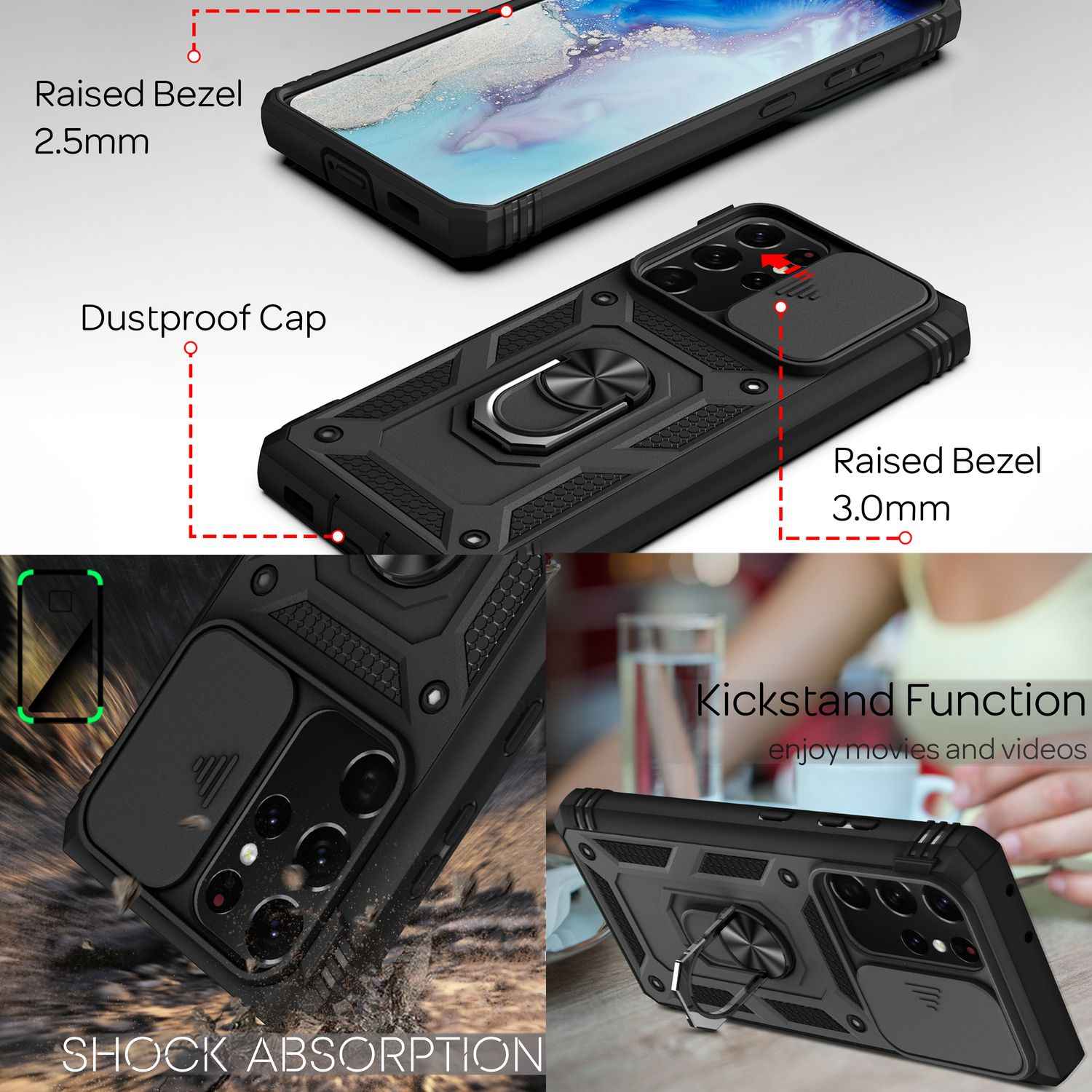 NALIA Military-Style Ringhülle für Samsung Galaxy S21 Ultra, Extrem Schützend mit Display-Rahmen & Kamera-Abdeckung, 360° Ring für Standfunktion