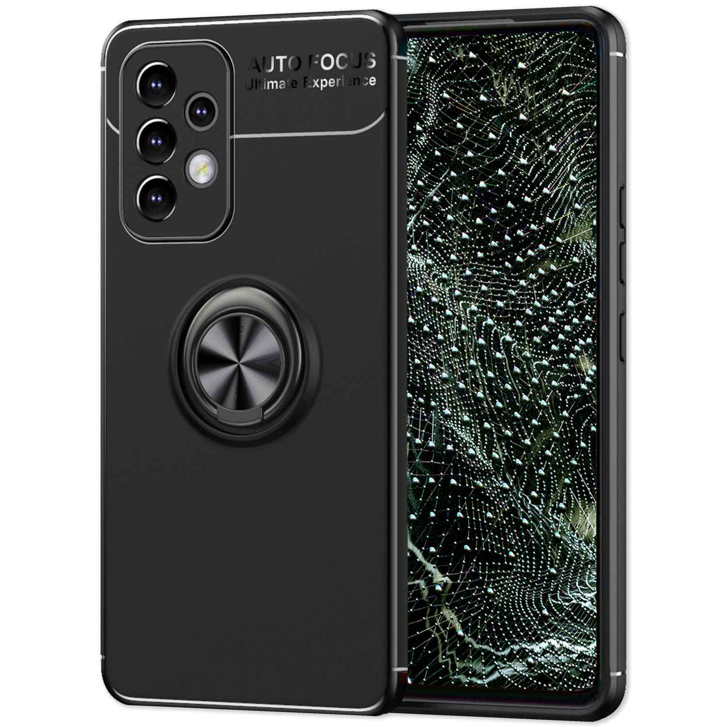 Matt-Schwarze Ringhülle für Samsung Galaxy A53, Handyhülle mit 360° Ring für Standfunktion & KFZ-Halterung, Robust Rutschfest Stoßfest, Silikon Hülle Case Schutzhülle