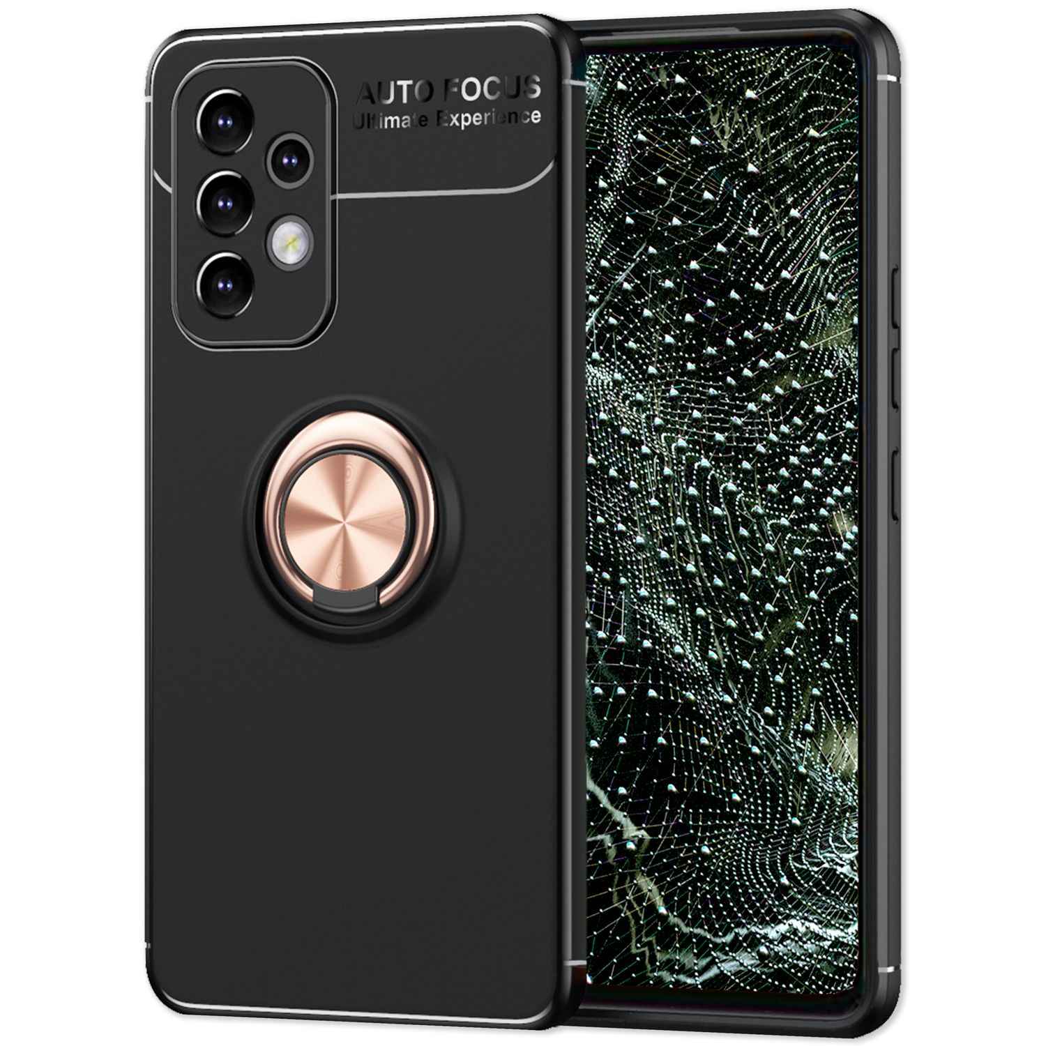 Matt-Schwarze Ringhülle für Samsung Galaxy A53, Handyhülle mit 360° Ring für Standfunktion & KFZ-Halterung, Robust Rutschfest Stoßfest, Silikon Hülle Case Schutzhülle