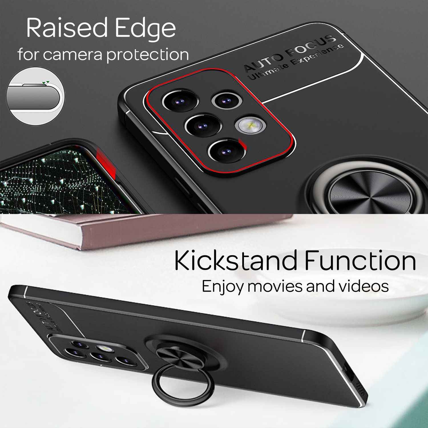 Matt-Schwarze Ringhülle für Samsung Galaxy A53, Handyhülle mit 360° Ring für Standfunktion & KFZ-Halterung, Robust Rutschfest Stoßfest, Silikon Hülle Case Schutzhülle