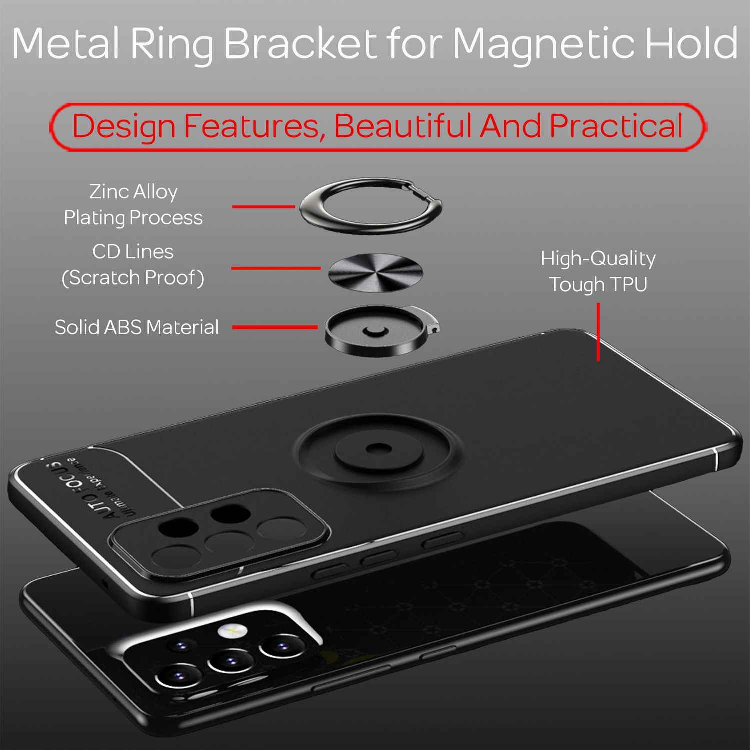Matt-Schwarze Ringhülle für Samsung Galaxy A53, Handyhülle mit 360° Ring für Standfunktion & KFZ-Halterung, Robust Rutschfest Stoßfest, Silikon Hülle Case Schutzhülle