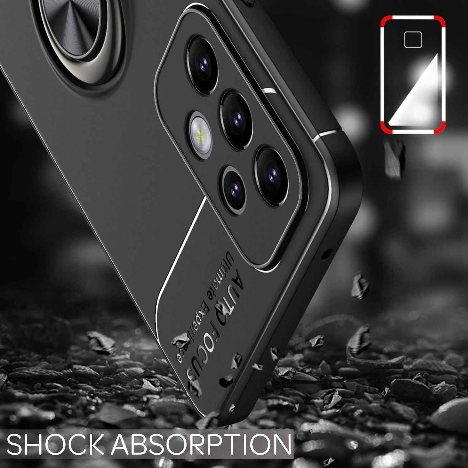 Matt-Schwarze Ringhülle für Samsung Galaxy A53, Handyhülle mit 360° Ring für Standfunktion & KFZ-Halterung, Robust Rutschfest Stoßfest, Silikon Hülle Case Schutzhülle