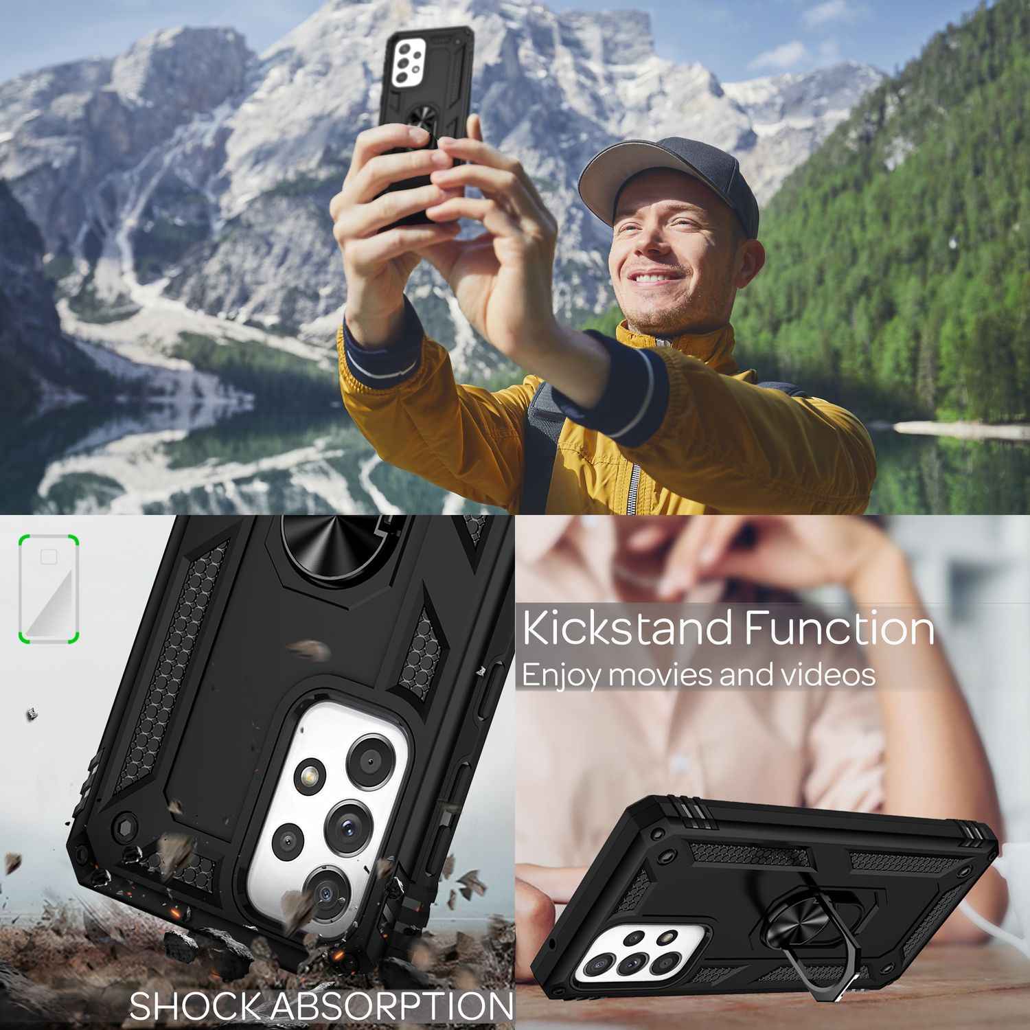 Military-Style Ringhülle für Samsung Galaxy A53, Extrem Schützend Stoßfest Robust Outdoor, Handyhülle mit 360° Ring für Standfunktion & KFZ-Halterung