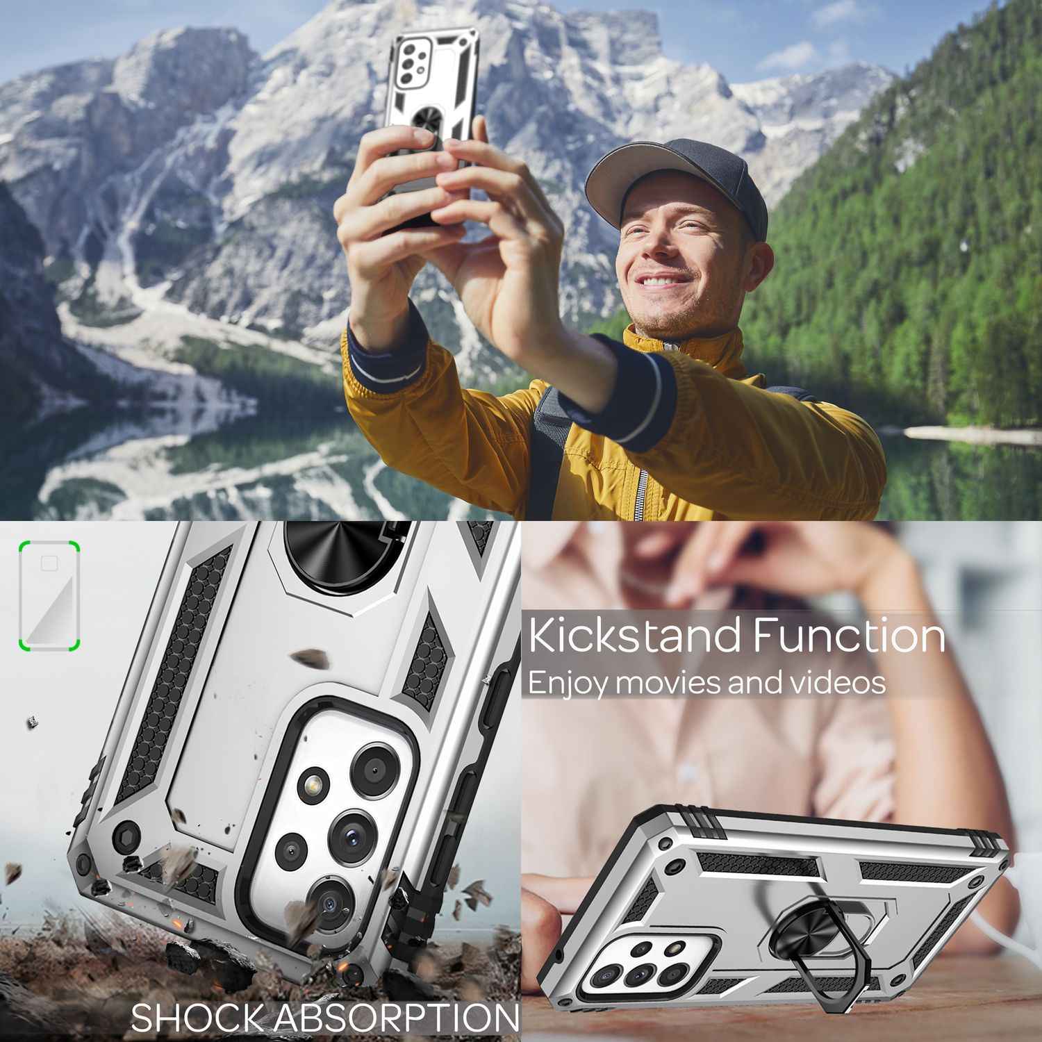 Military-Style Ringhülle für Samsung Galaxy A53, Extrem Schützend Stoßfest Robust Outdoor, Handyhülle mit 360° Ring für Standfunktion & KFZ-Halterung
