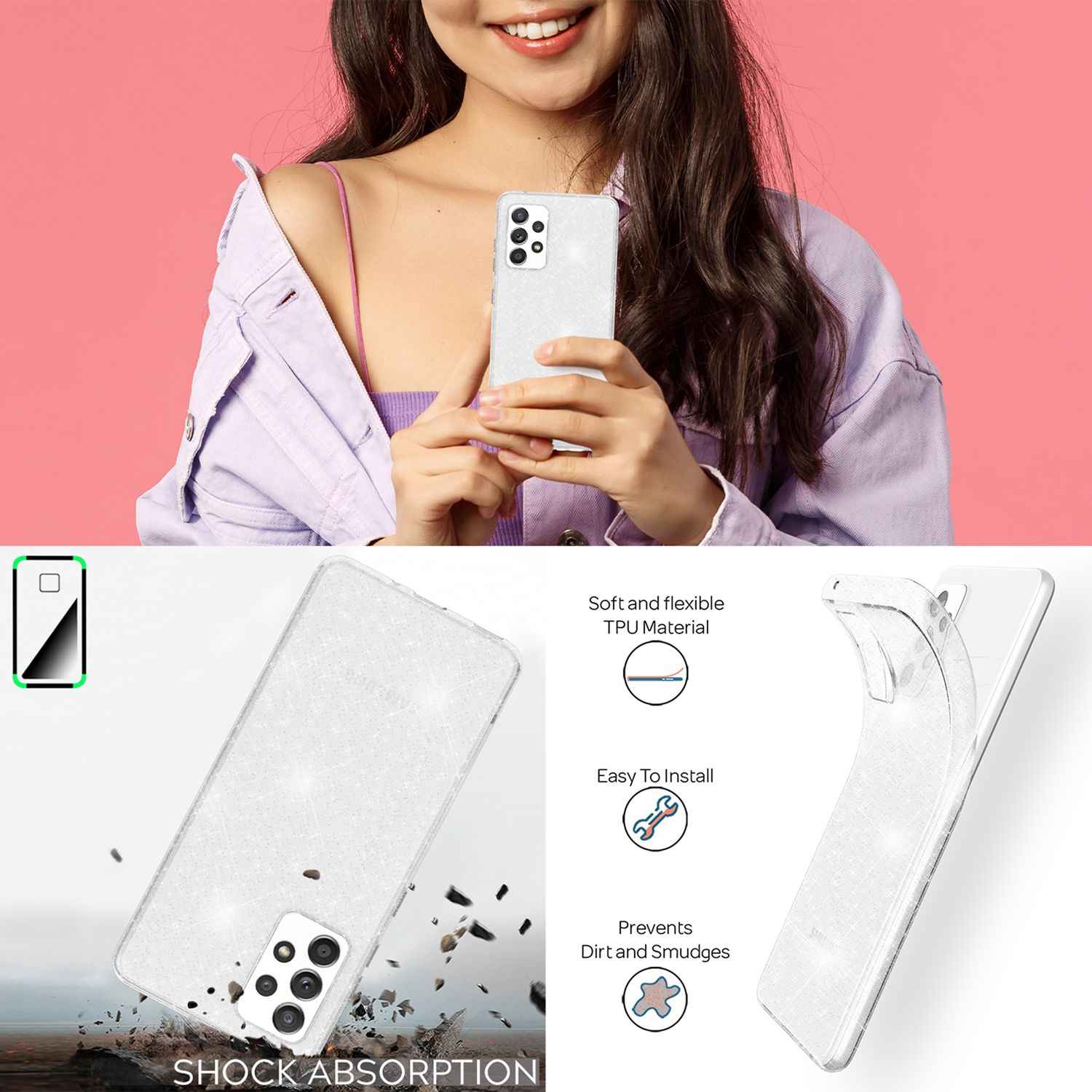 NALIA Klare Glitzerhülle für Samsung Galaxy A53, Durchsichtig Vergilbungsfrei