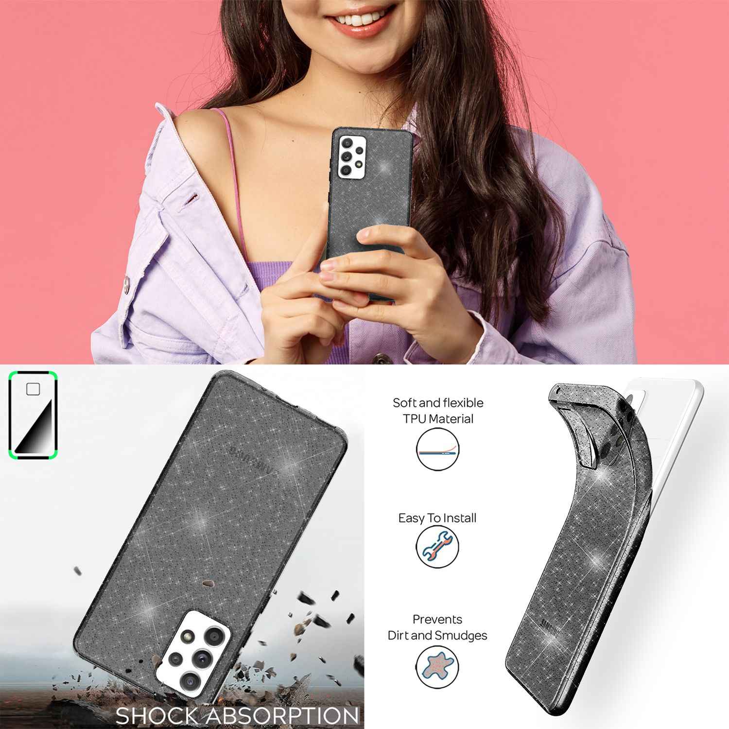 NALIA Klare Glitzerhülle für Samsung Galaxy A53, Durchsichtig Vergilbungsfrei