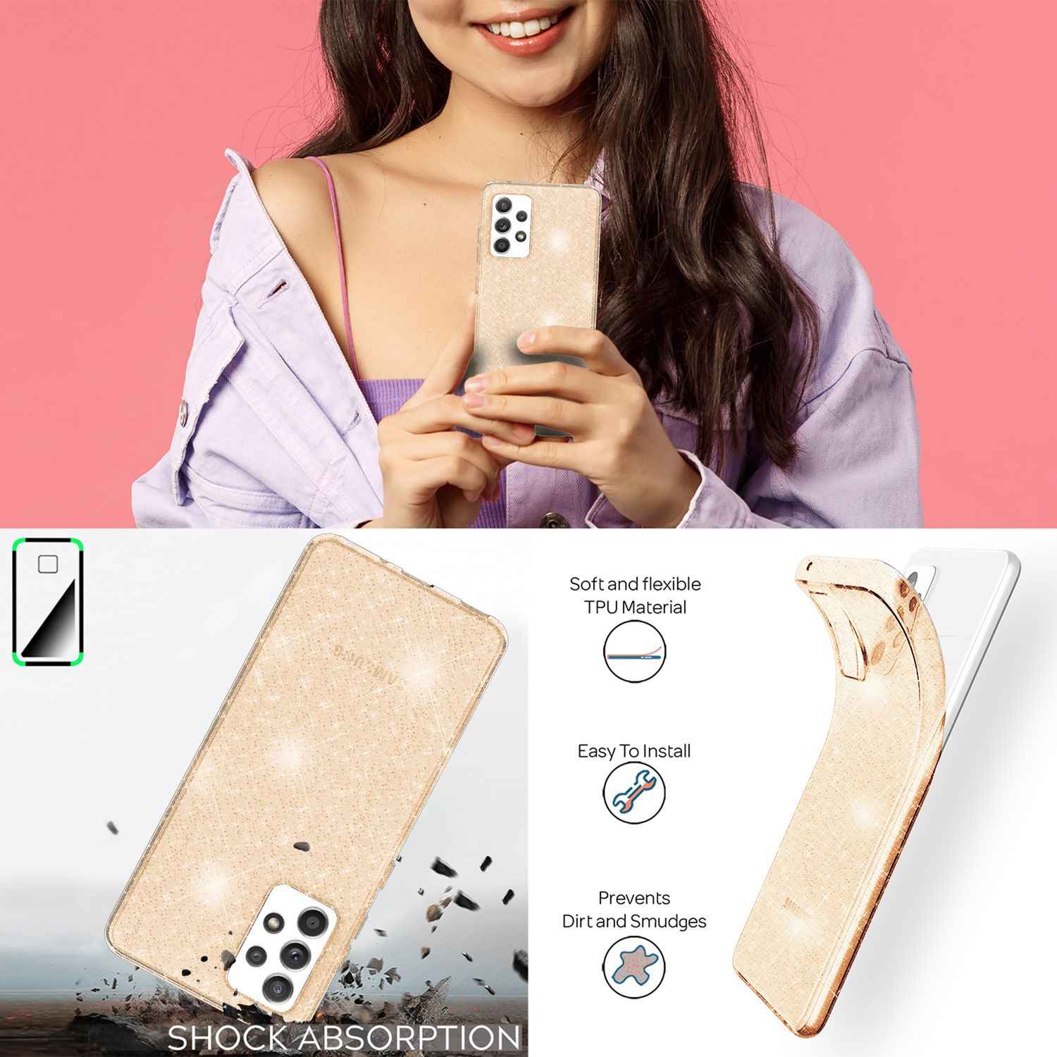 NALIA Klare Glitzerhülle für Samsung Galaxy A53, Durchsichtig Vergilbungsfrei