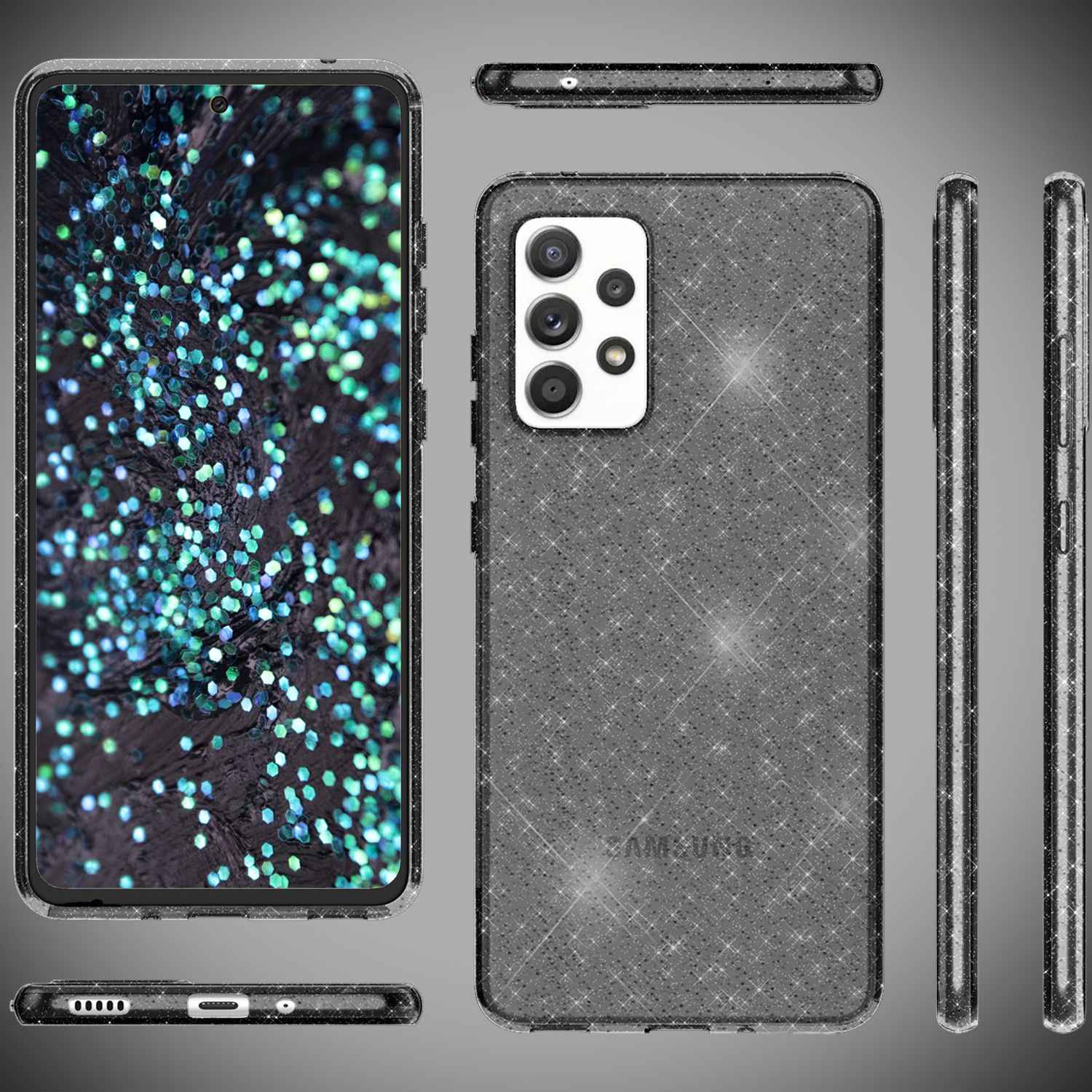 NALIA Klare Glitzerhülle für Samsung Galaxy A53, Durchsichtig Vergilbungsfrei