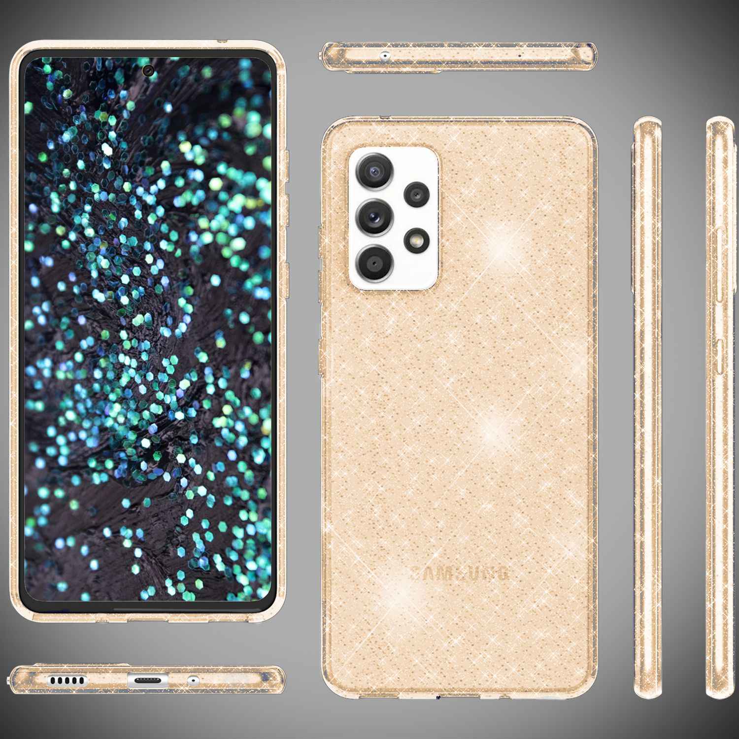 NALIA Klare Glitzerhülle für Samsung Galaxy A53, Durchsichtig Vergilbungsfrei