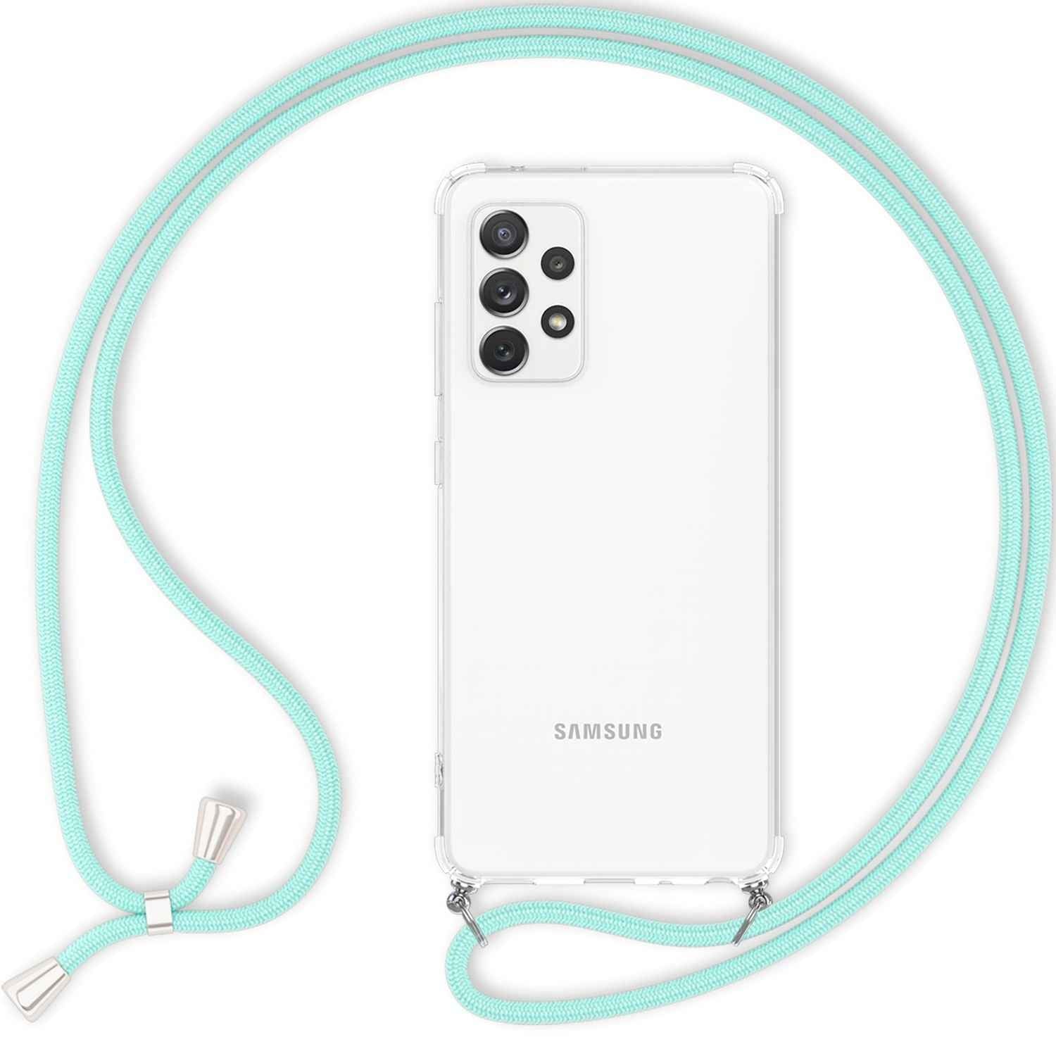 NALIA Handyhülle mit Kette für Samsung Galaxy A53, Transparente Schutzhülle & Handy-Schnur zum Umhängen, Robust Vergilbungsfrei Klar, Hardcase & Silikon Rahmen