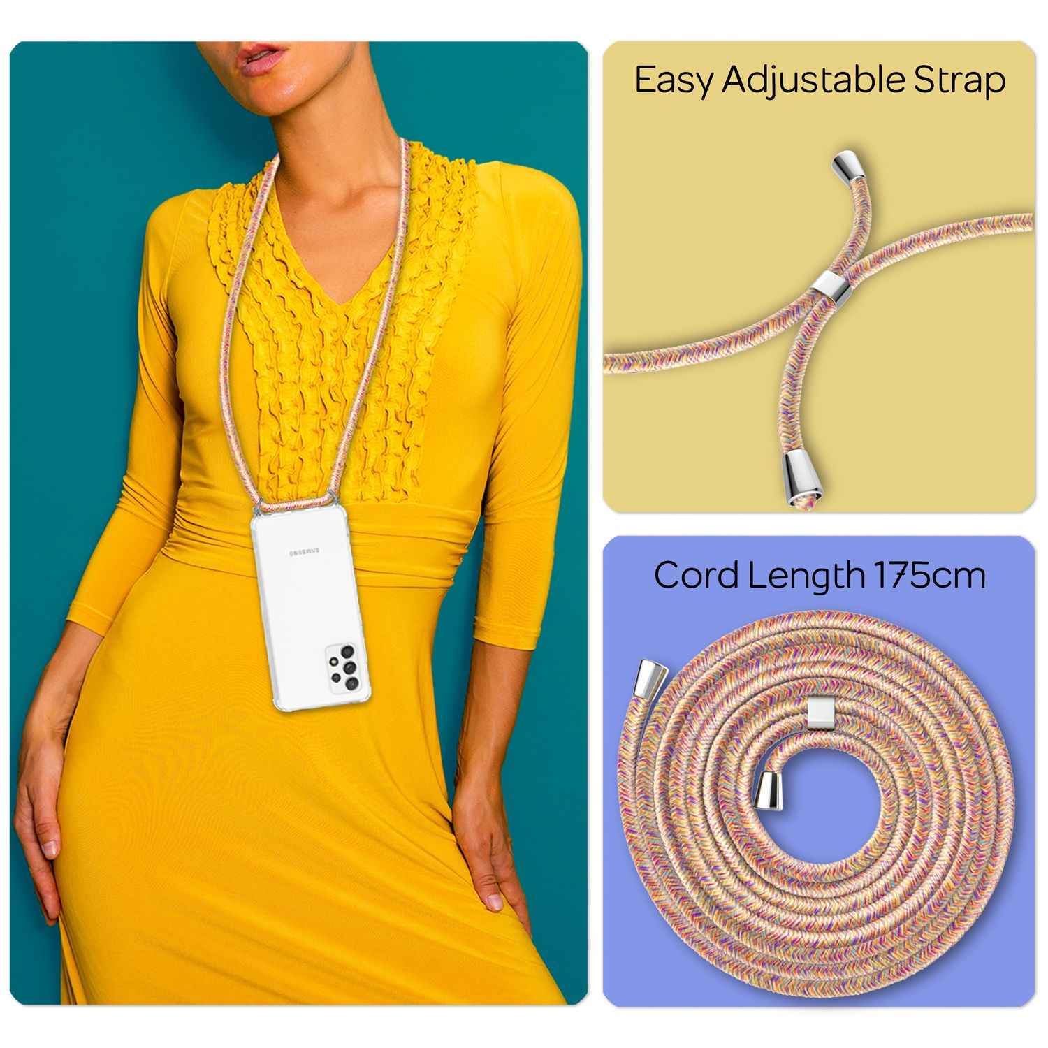 NALIA Handyhülle mit Kette für Samsung Galaxy A53, Transparente Schutzhülle & Handy-Schnur zum Umhängen, Robust Vergilbungsfrei Klar, Hardcase & Silikon Rahmen
