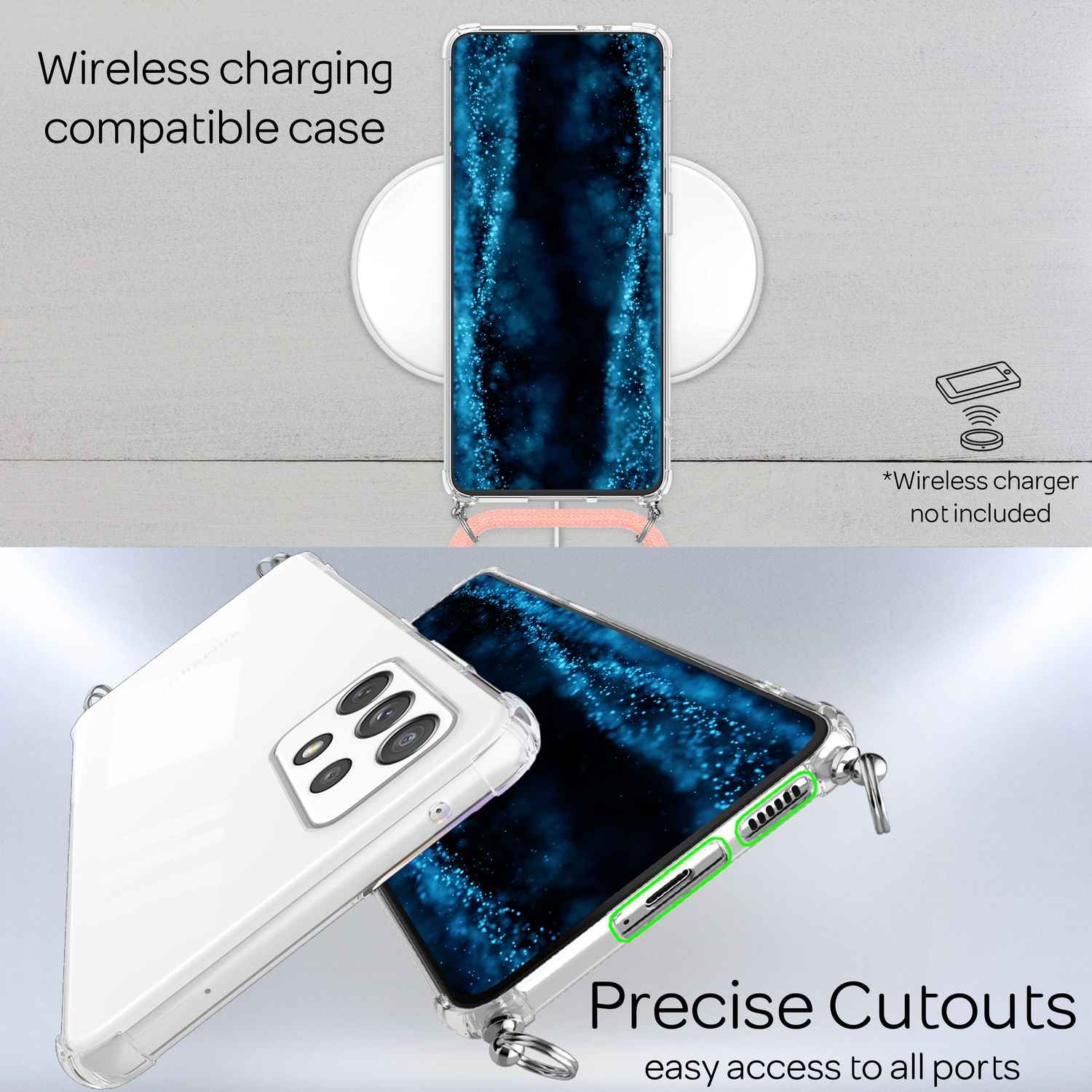 NALIA Handyhülle mit Kette für Samsung Galaxy A53, Transparente Schutzhülle & Handy-Schnur zum Umhängen, Robust Vergilbungsfrei Klar, Hardcase & Silikon Rahmen