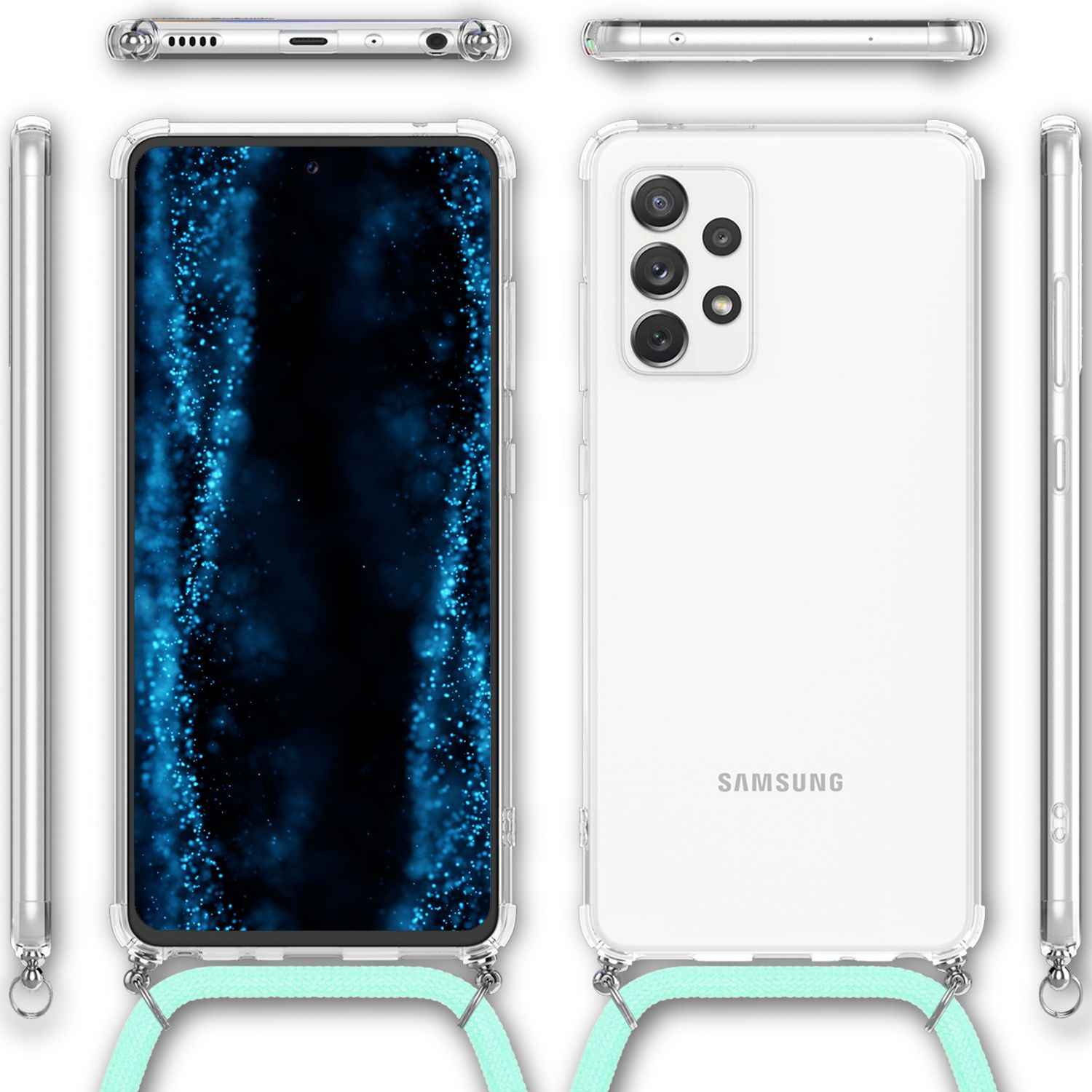 NALIA Handyhülle mit Kette für Samsung Galaxy A53, Transparente Schutzhülle & Handy-Schnur zum Umhängen, Robust Vergilbungsfrei Klar, Hardcase & Silikon Rahmen