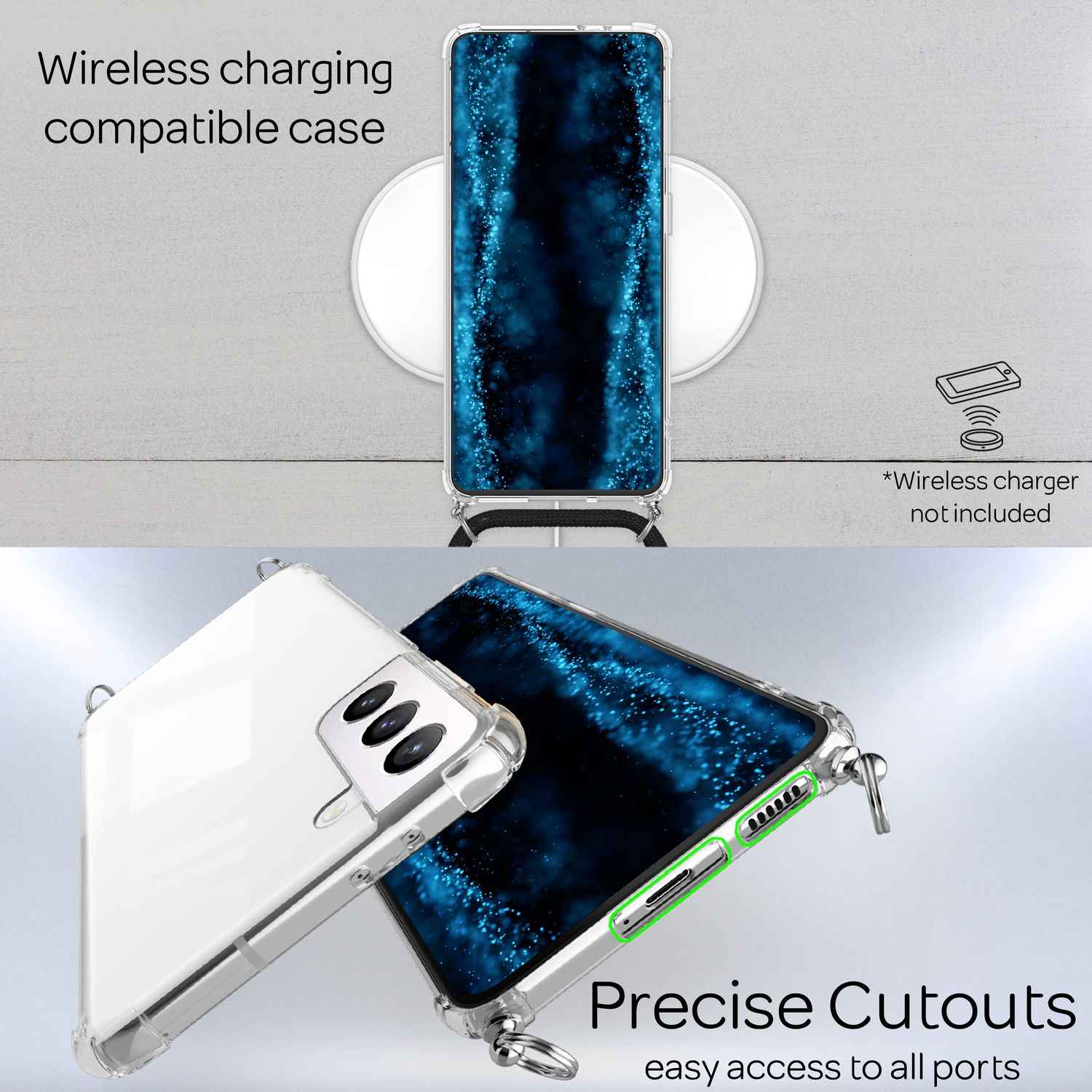 NALIA Handyhülle mit Kette für Samsung Galaxy S22 Plus, Transparente Schutzhülle & Handy-Schnur zum Umhängen, Robust Vergilbungsfrei Klar