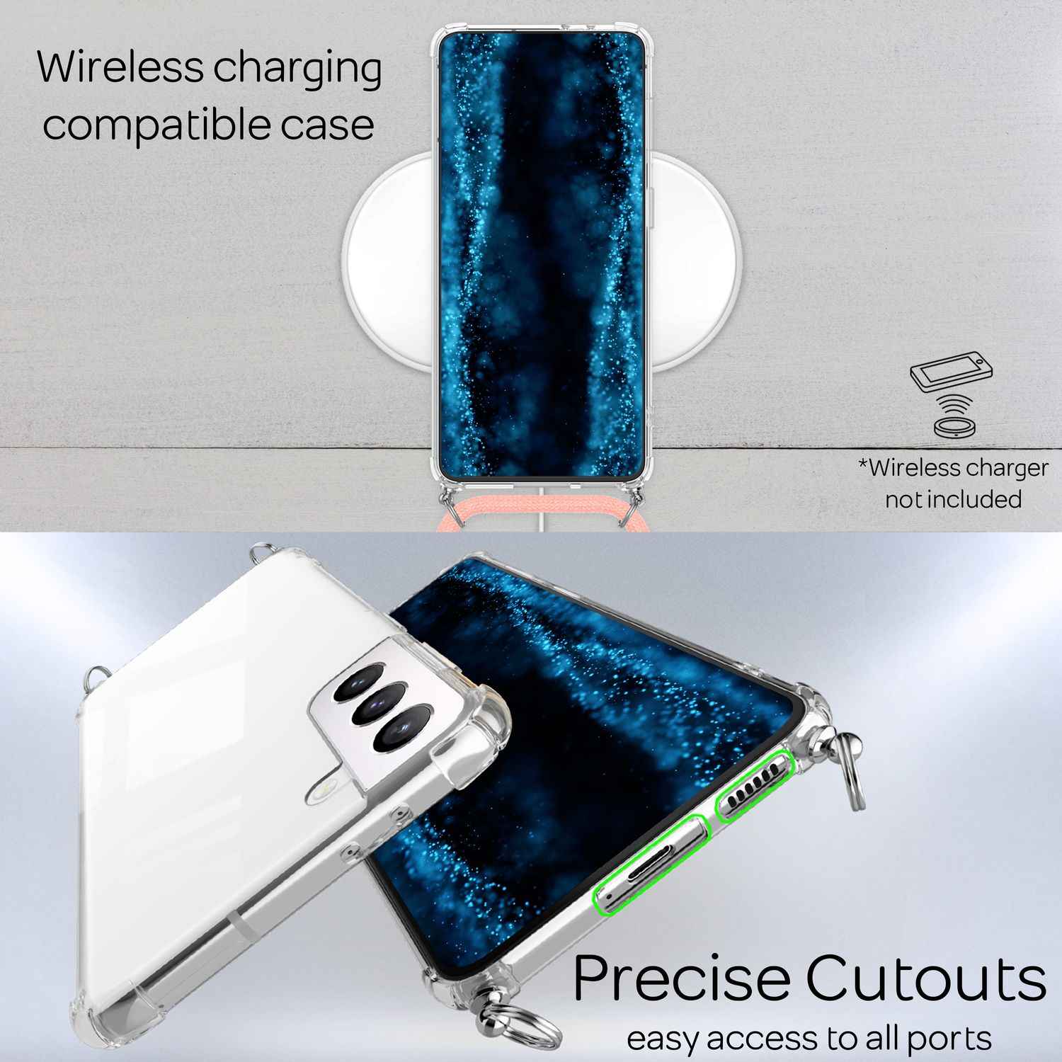 NALIA Handyhülle mit Kette für Samsung Galaxy S22 Plus, Transparente Schutzhülle & Handy-Schnur zum Umhängen, Robust Vergilbungsfrei Klar