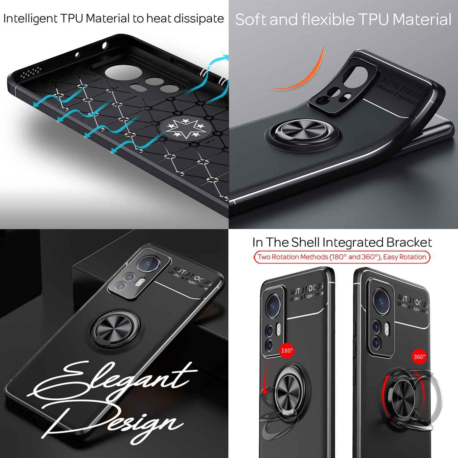 Matt-Schwarze Ringhülle für Xiaomi 12 / Xiaomi 12X - Handy Silikon Hülle Case