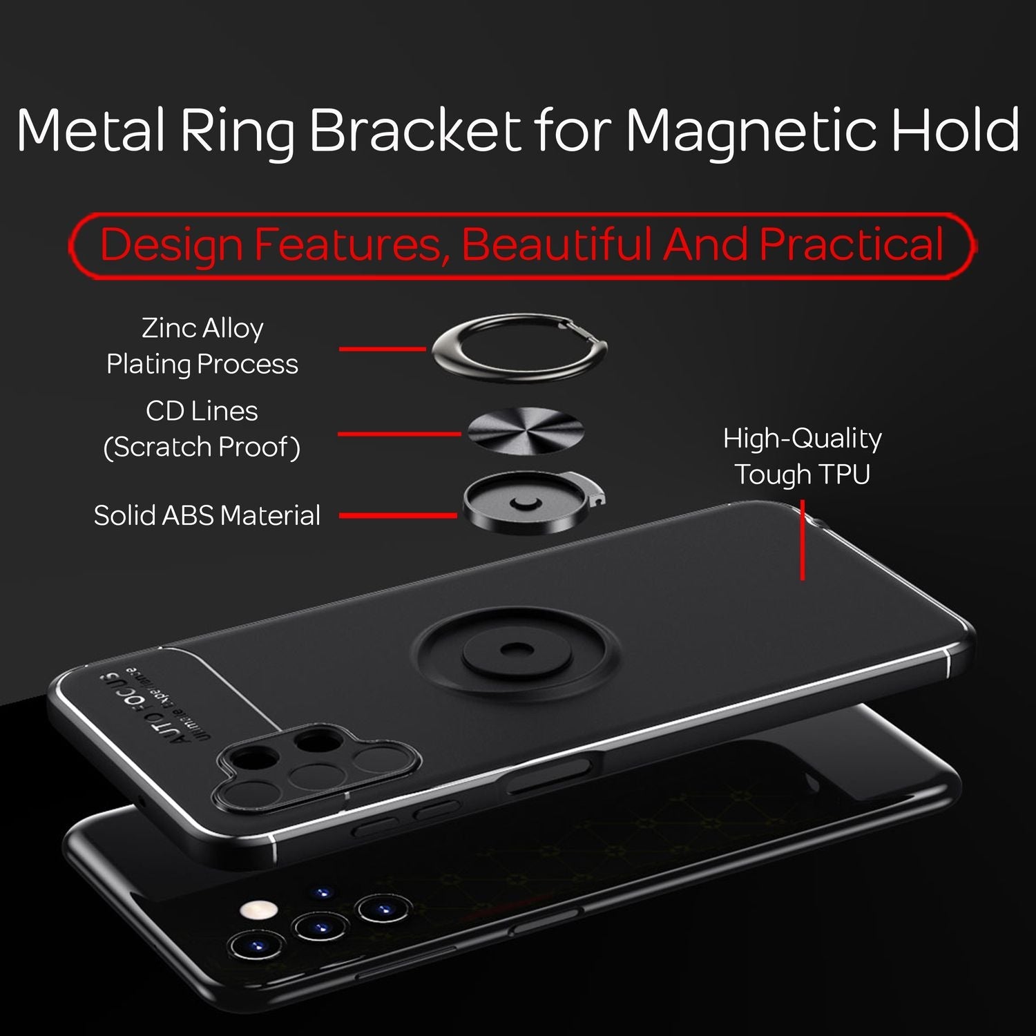 Seitenansicht der matt-schwarzen Ringhülle für Samsung Galaxy A13 von Zeus