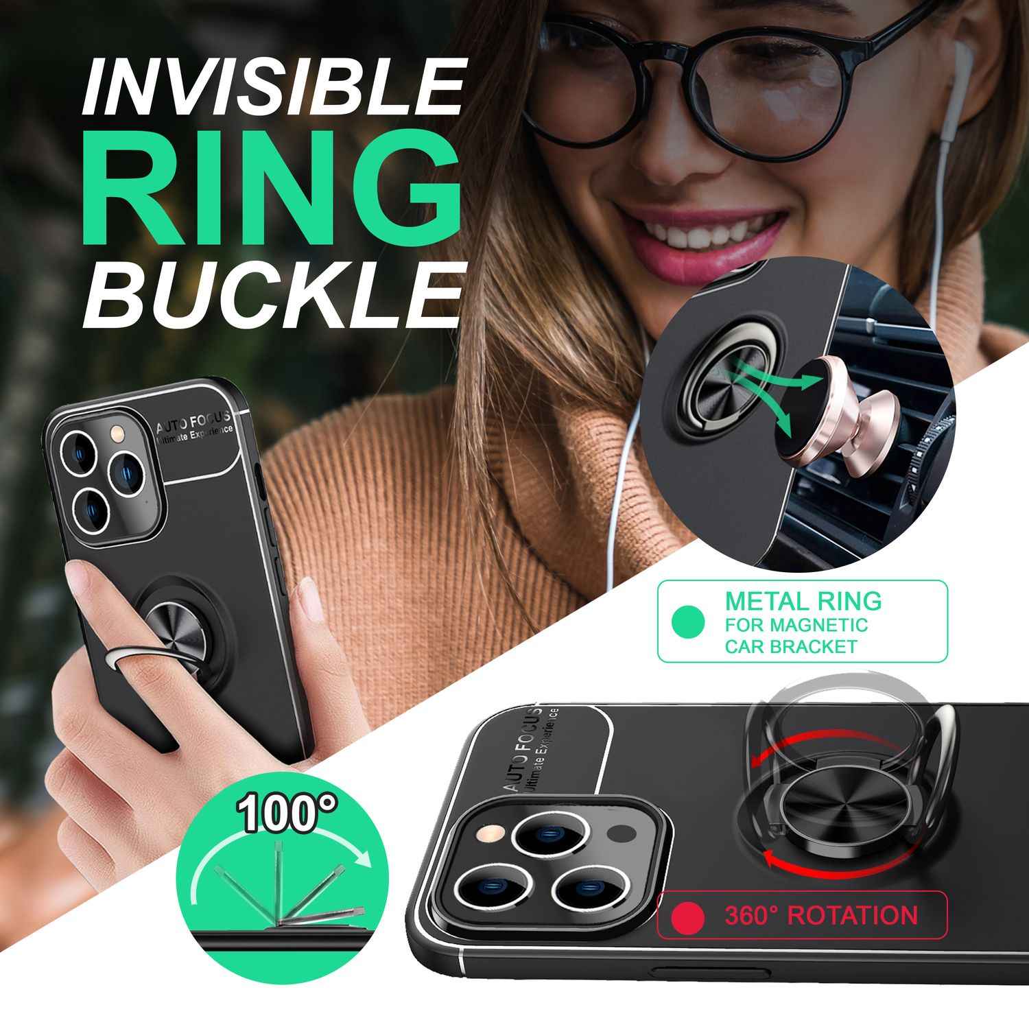 Hülle für iPhone 14 Pro - Matt Schwarz Ring Handyhülle Aufsteller Ständer Cover