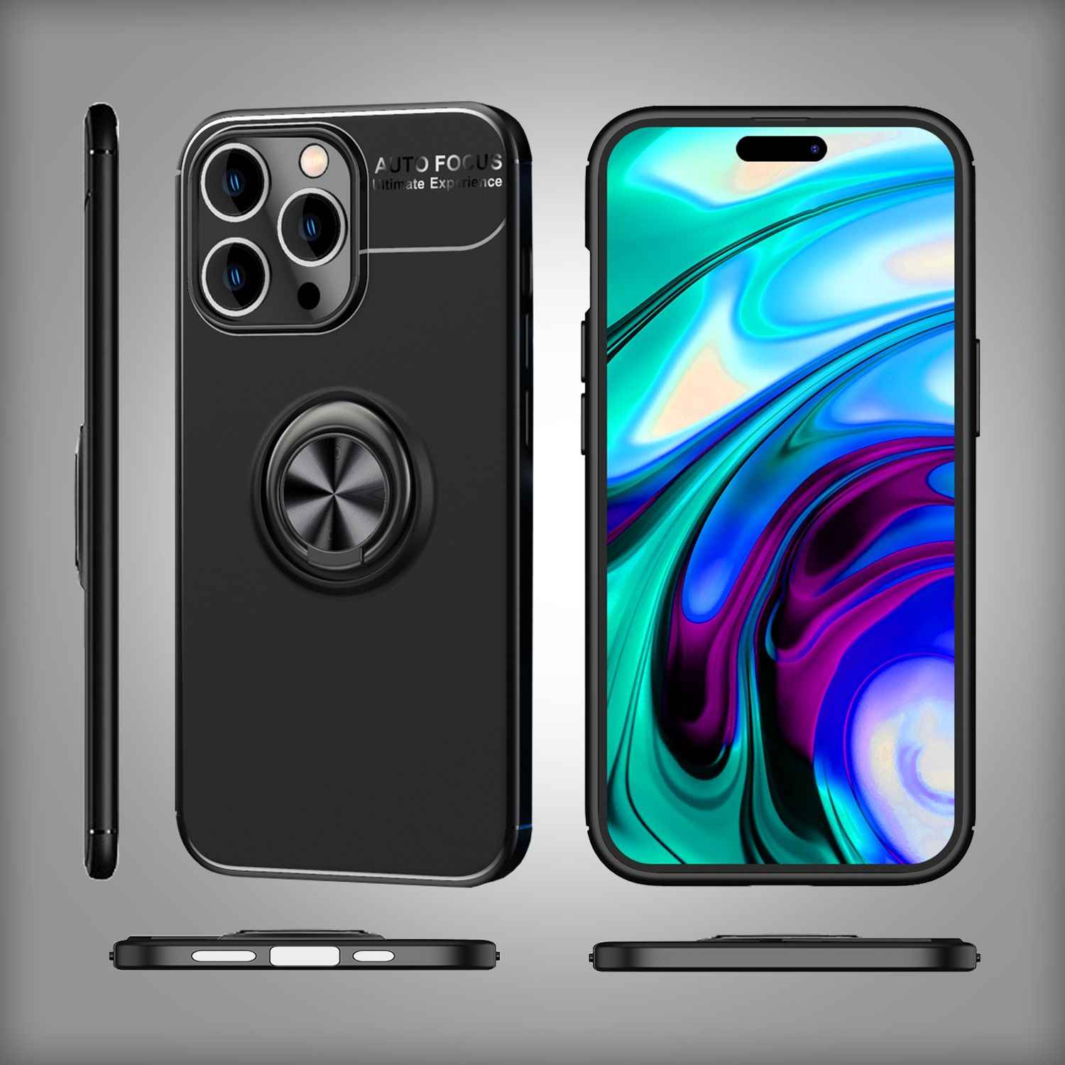 Hülle für iPhone 14 Pro - Matt Schwarz Ring Handyhülle Aufsteller Ständer Cover