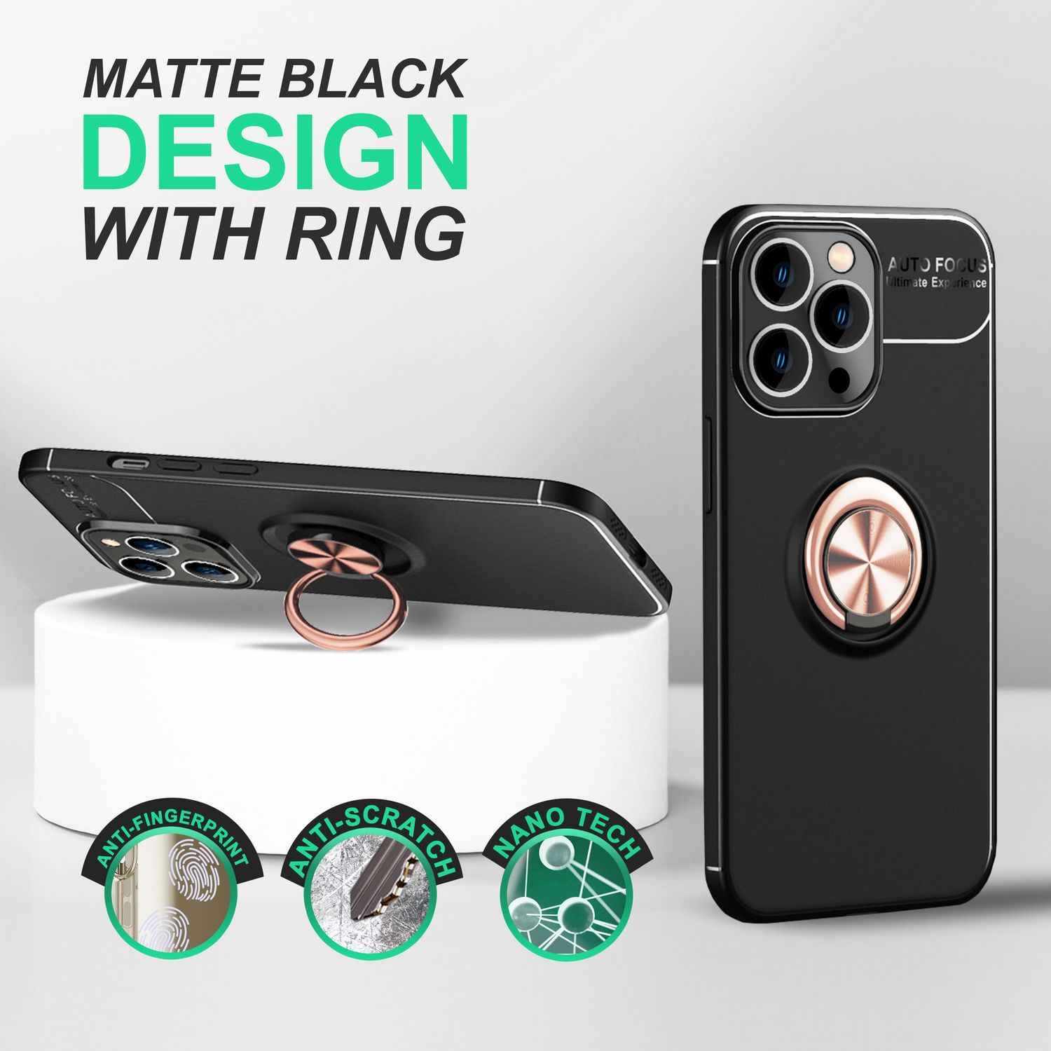 Hülle für iPhone 14 Pro - Matt Schwarz Ring Handyhülle Aufsteller Ständer Cover