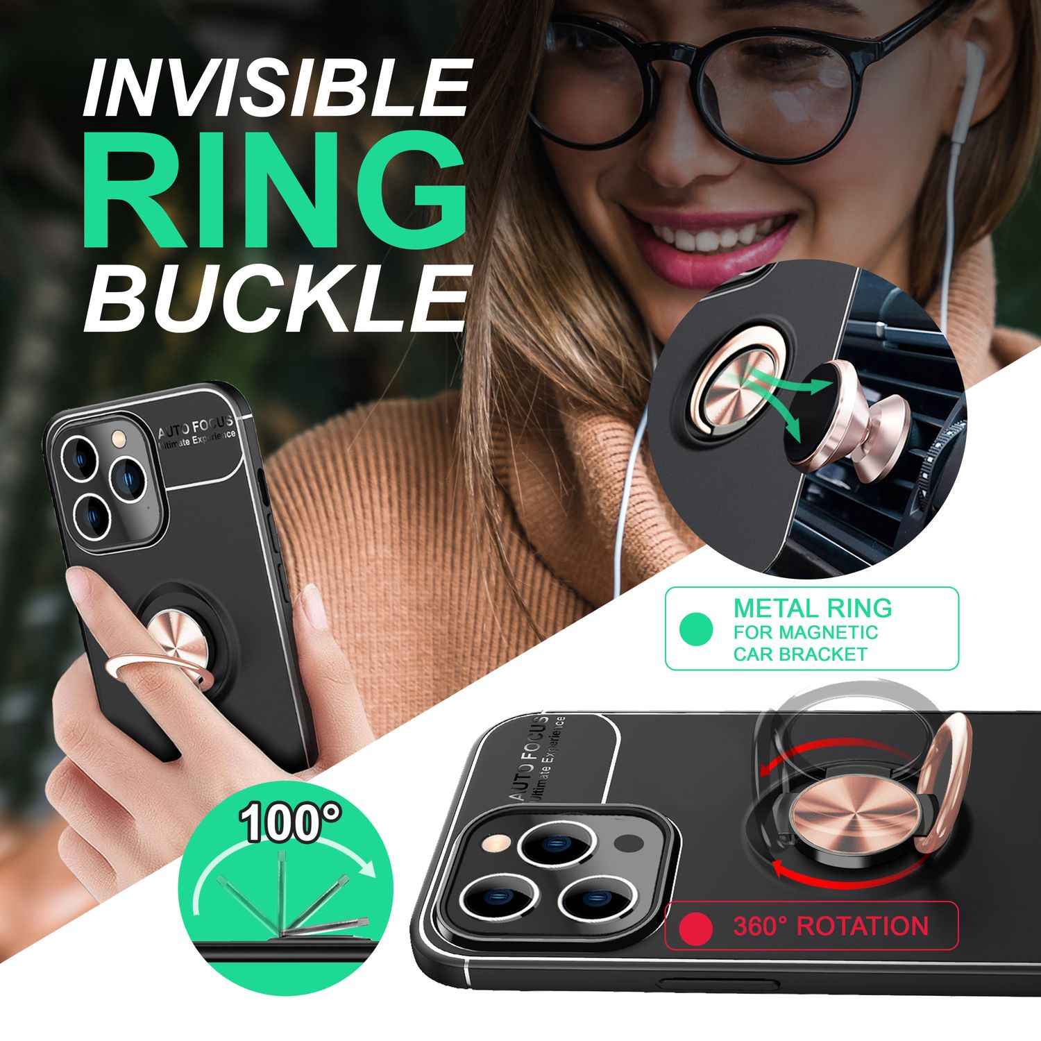 Hülle für iPhone 14 Pro - Matt Schwarz Ring Handyhülle Aufsteller Ständer Cover