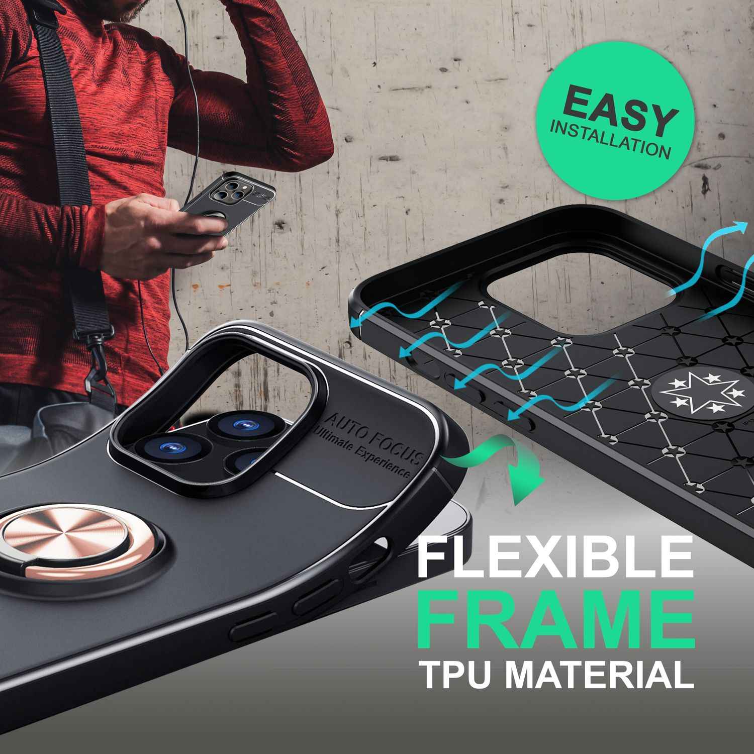 Hülle für iPhone 14 Pro - Matt Schwarz Ring Handyhülle Aufsteller Ständer Cover