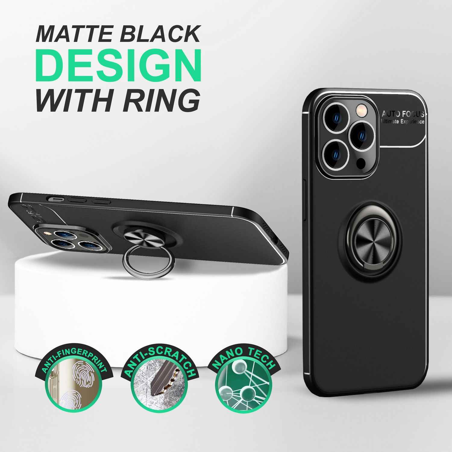 Hülle für iPhone 14 Pro Max - Matt Schwarze Ring Handyhülle Aufsteller Ständer