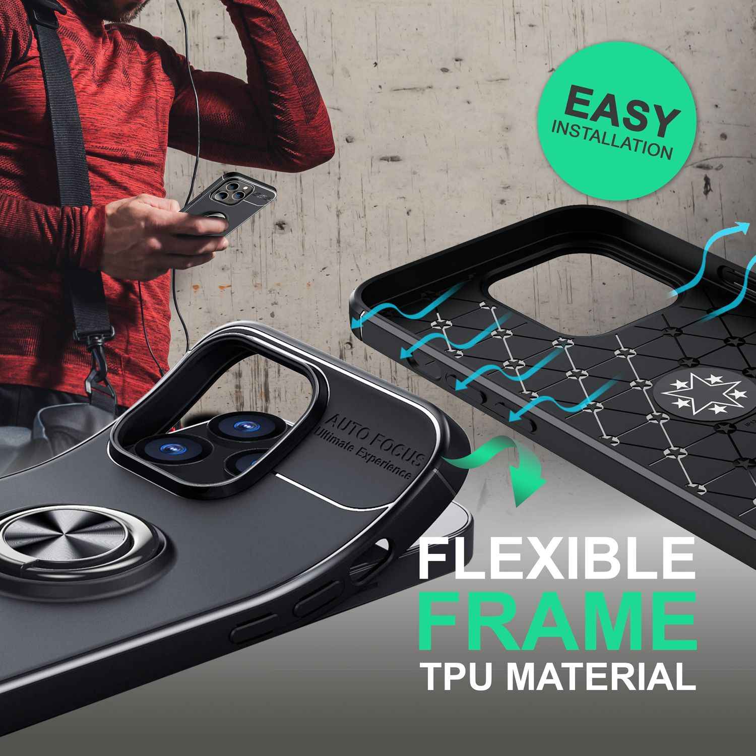 Hülle für iPhone 14 Pro Max - Matt Schwarze Ring Handyhülle Aufsteller Ständer