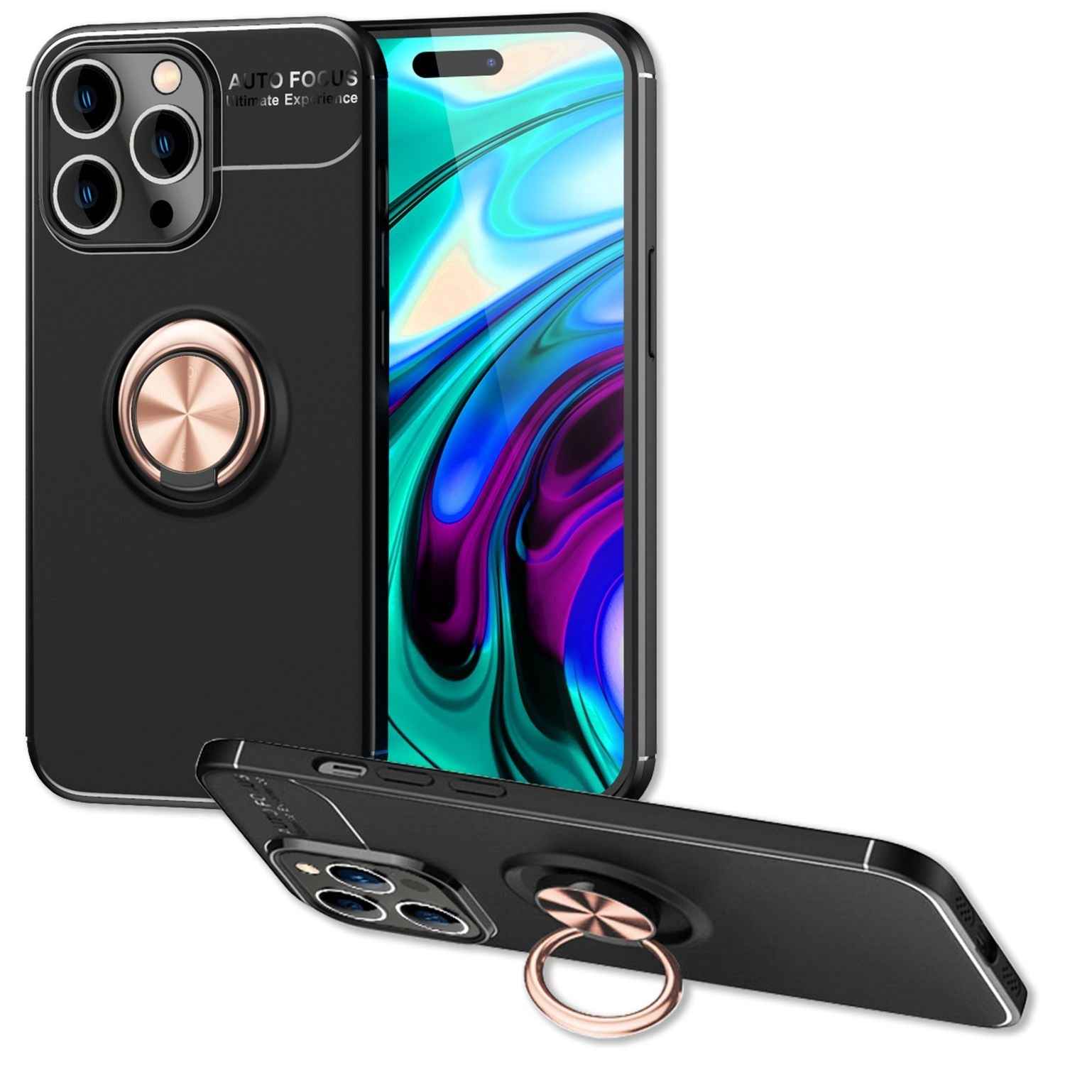 Hülle für iPhone 14 Pro Max - Matt Schwarze Ring Handyhülle Aufsteller Ständer