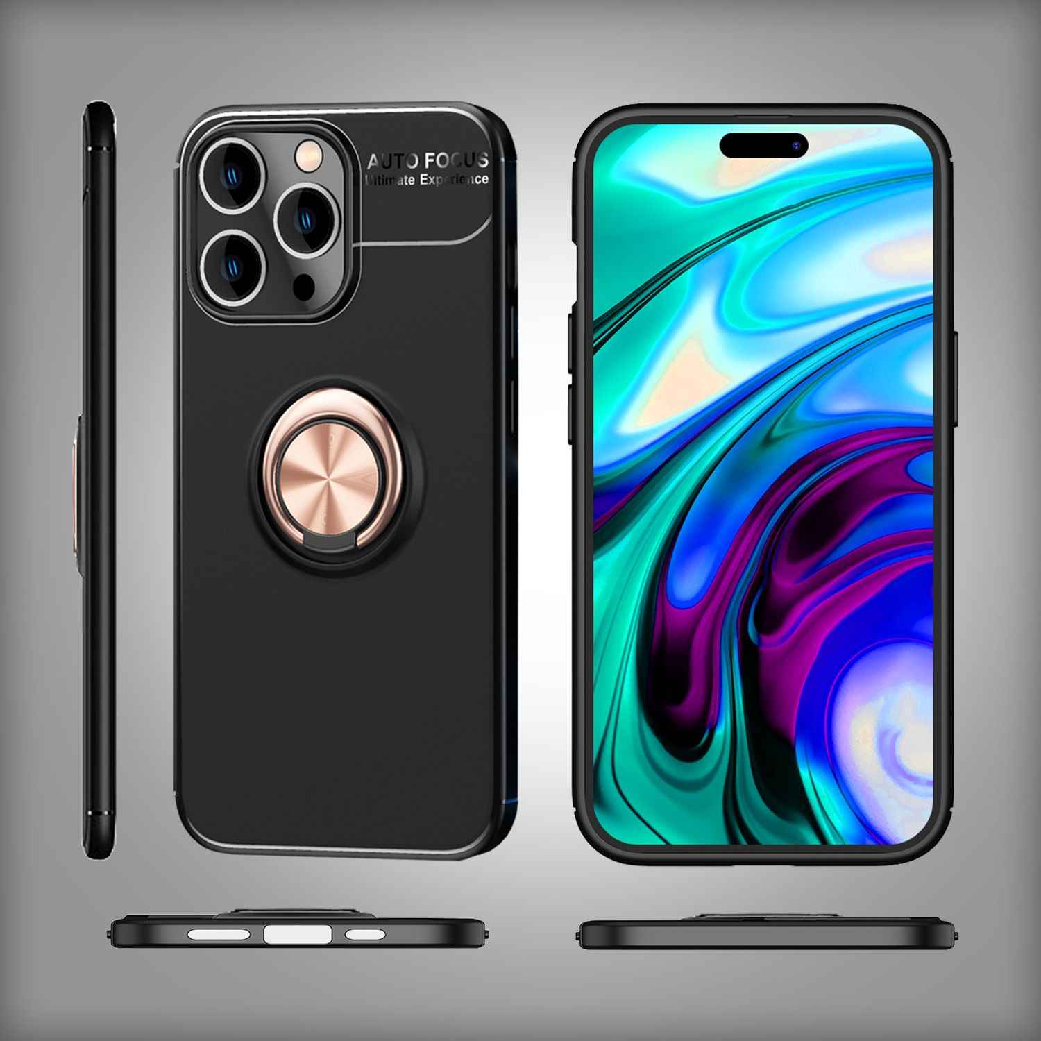 Hülle für iPhone 14 Pro Max - Matt Schwarze Ring Handyhülle Aufsteller Ständer