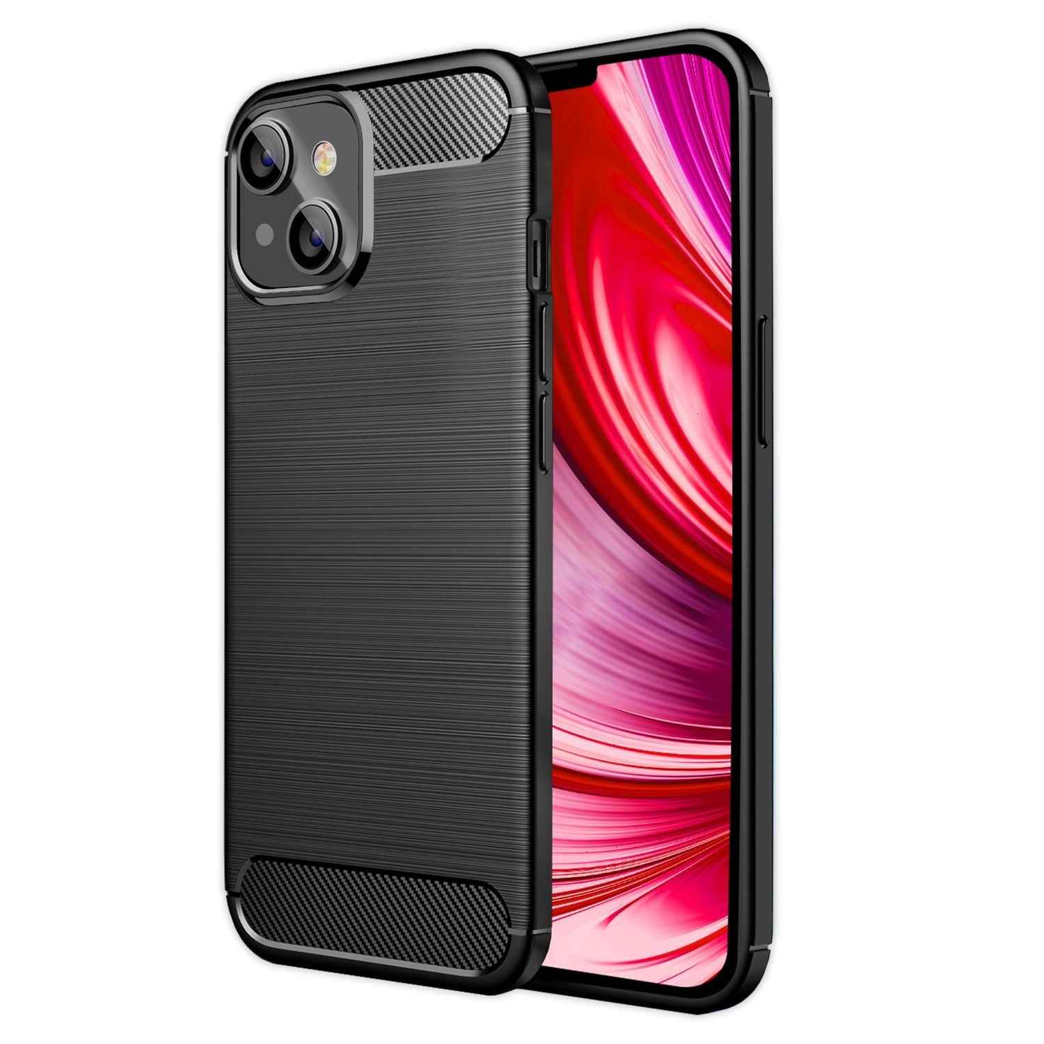 Hülle für iPhone 14 - Carbon Look Matt Schwarz Rutschfest Kratzfest Handyhülle