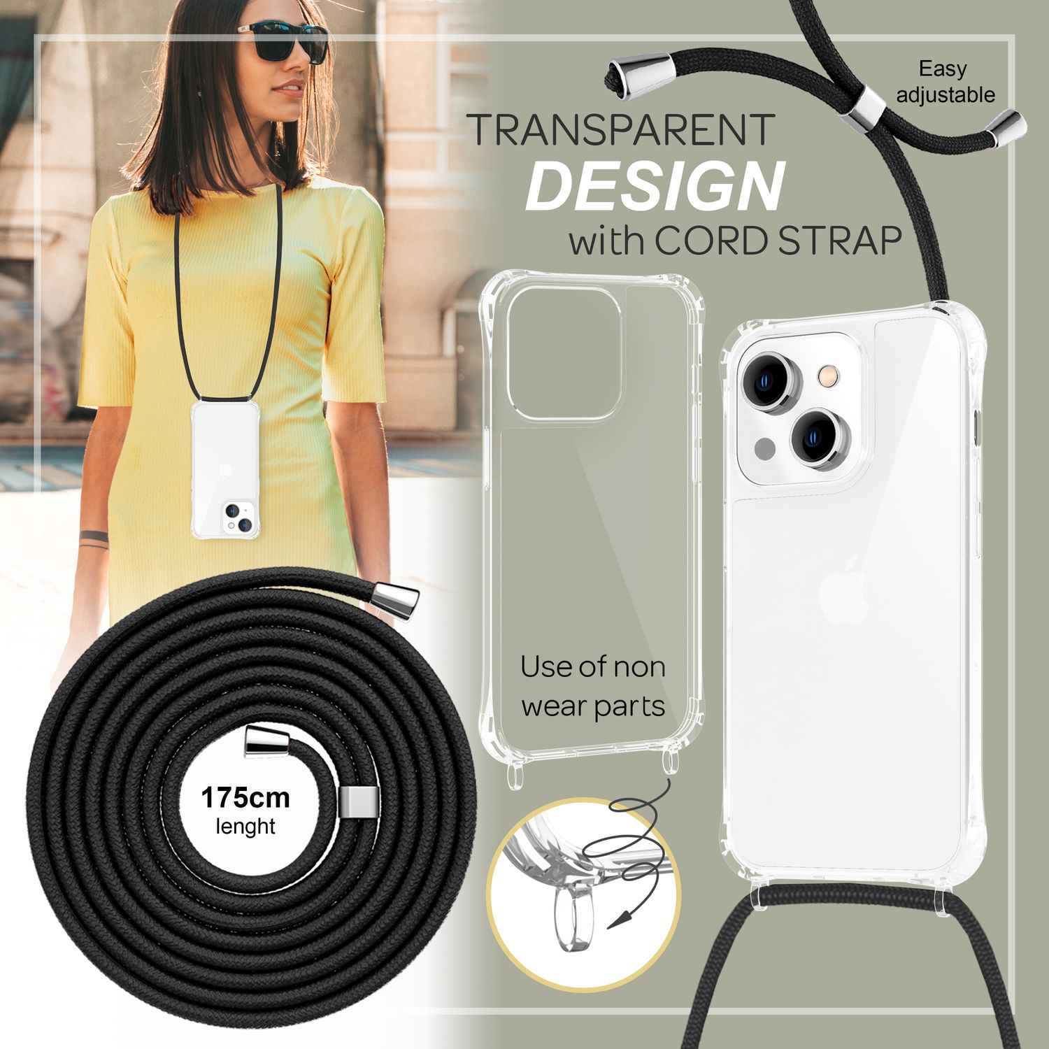 Hülle mit Kette für iPhone 14 - Klare Handyhülle mit Schnur Band zum Umhängen