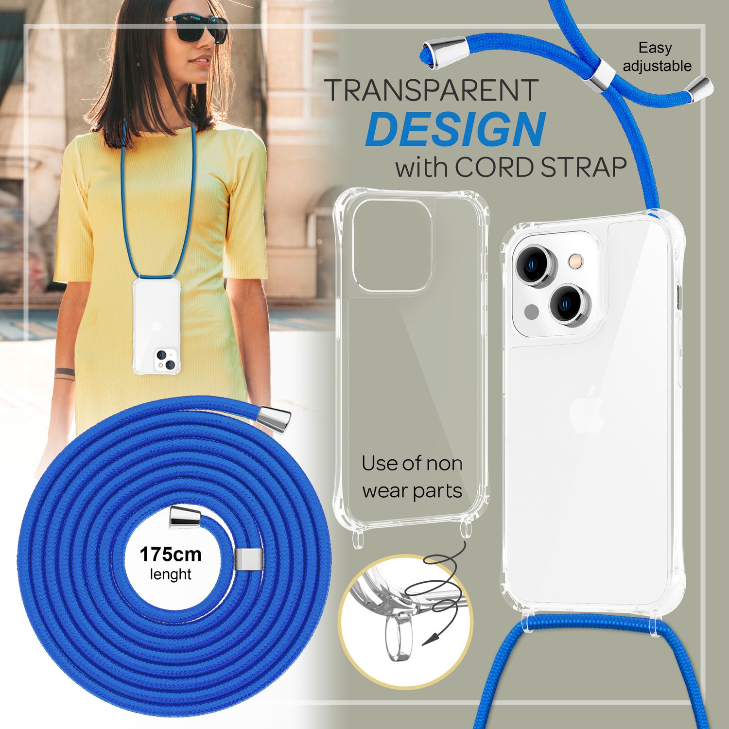 Handyhülle mit Umhängeband für iPhone 14 Plus Polycarbonat transparent 160 cm