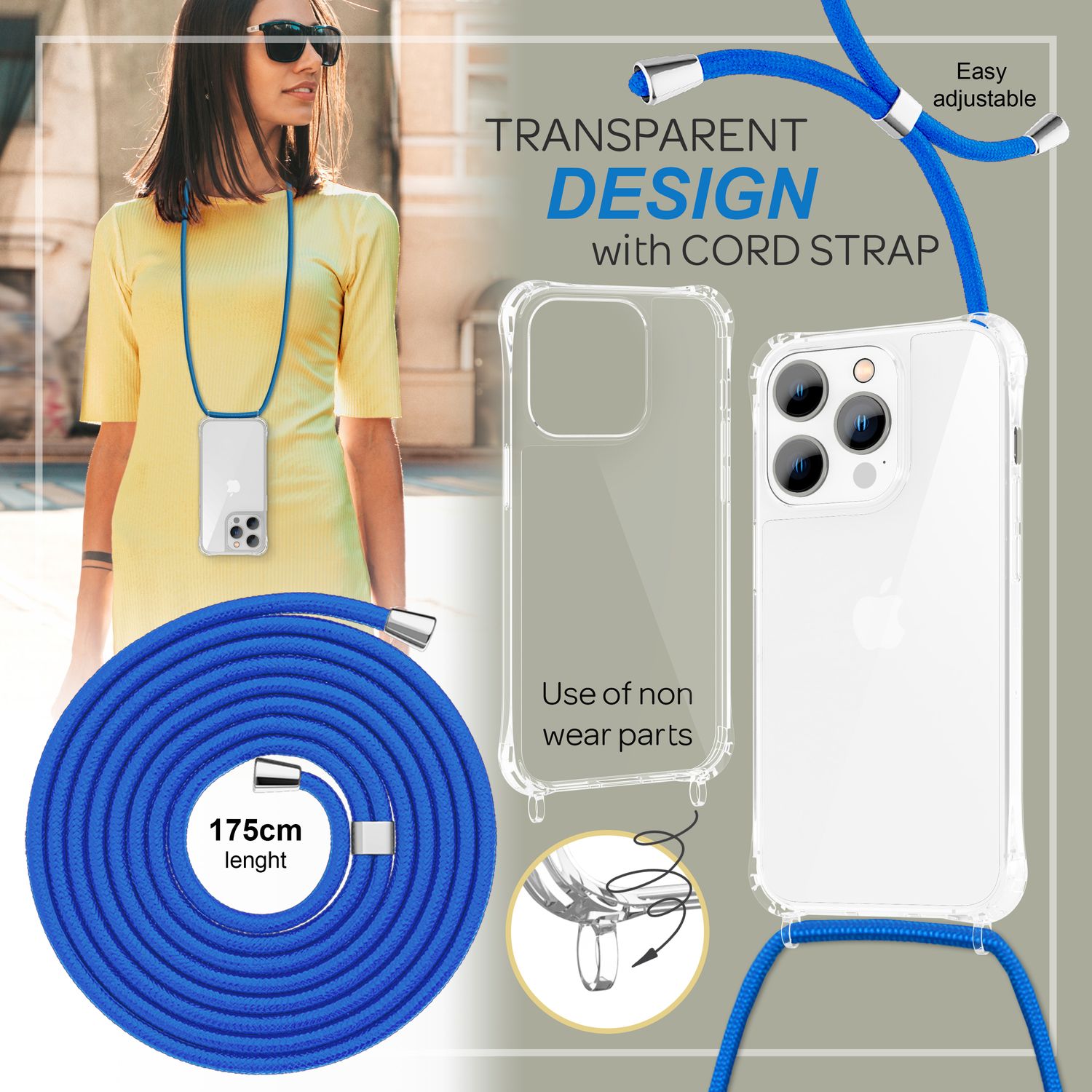 Handyhülle mit Kette für iPhone 14 Pro transparent Polycarbonat stoßfest