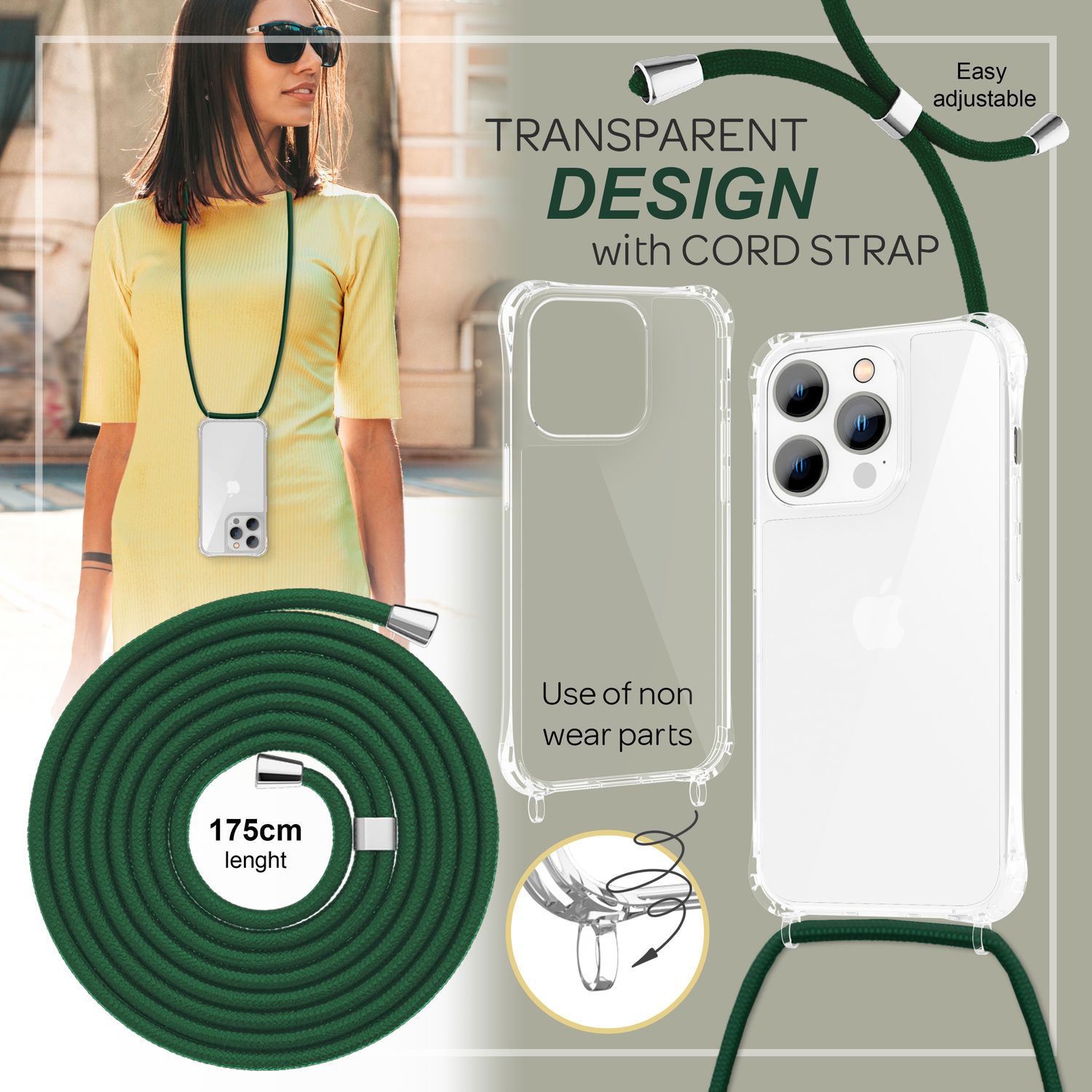 Handyhülle mit Kette für iPhone 14 Pro transparent Polycarbonat stoßfest