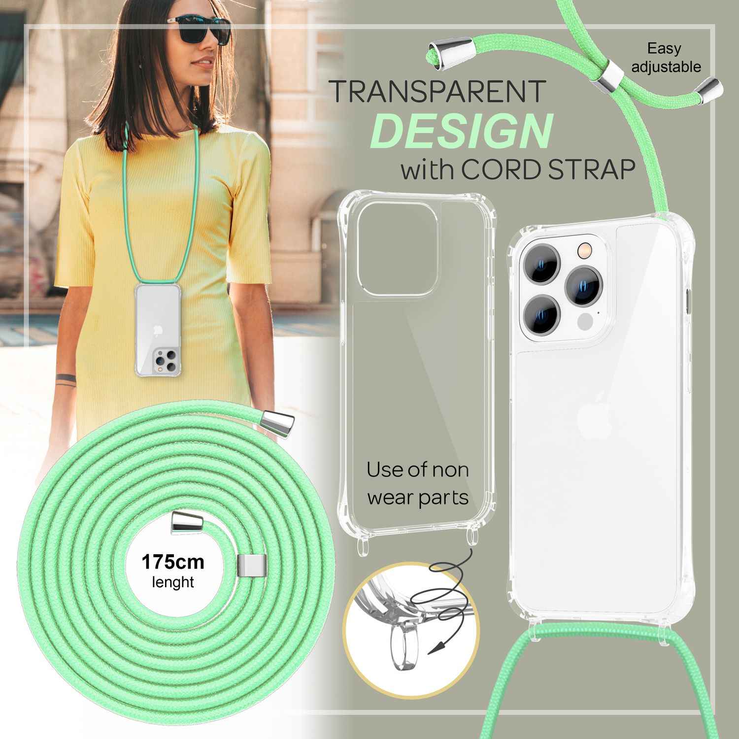 Hülle mit Kette für iPhone 14 Pro - Klare Handyhülle mit Schnur zum Umhängen