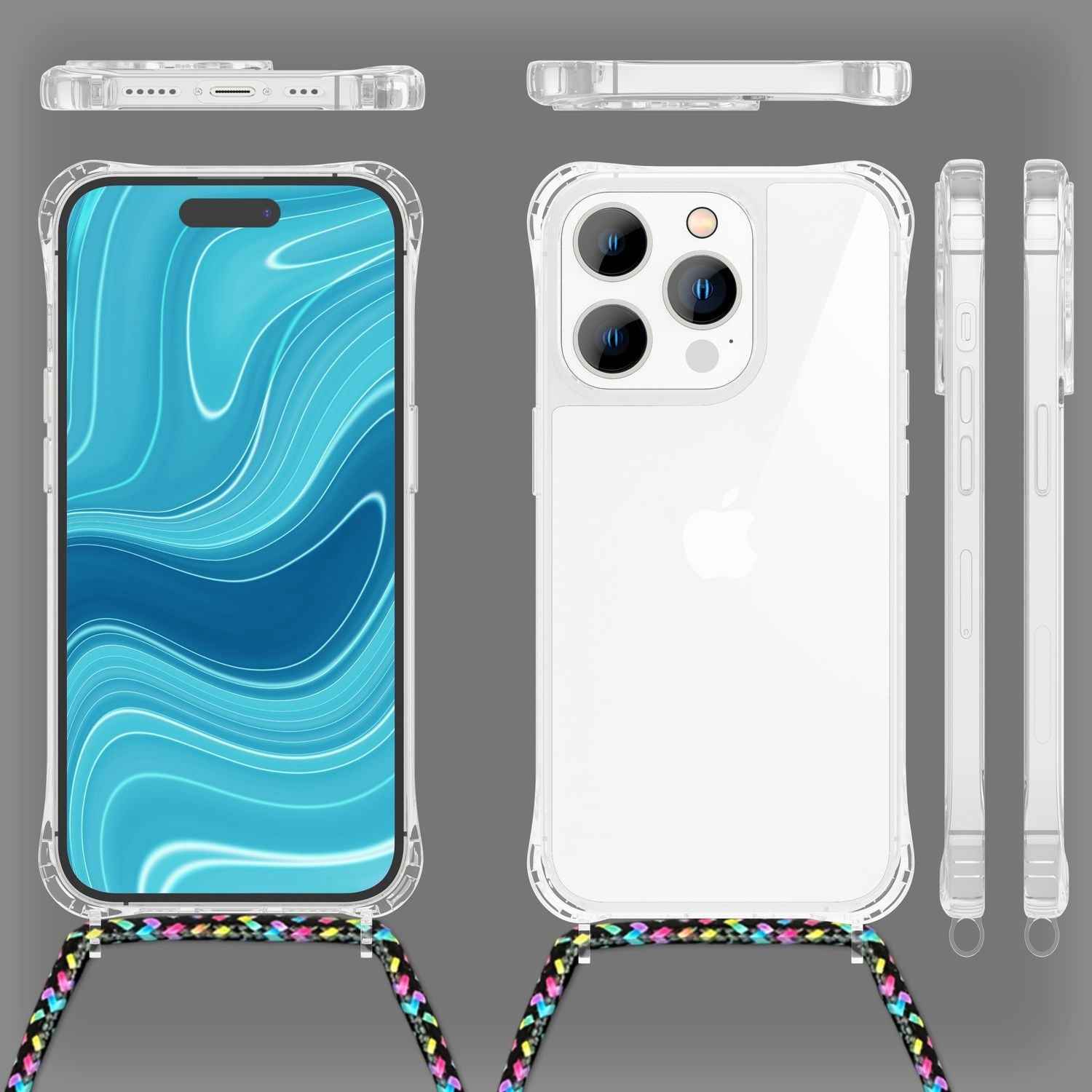 Hülle mit Kette für iPhone 14 Pro - Klare Handyhülle mit Schnur zum Umhängen